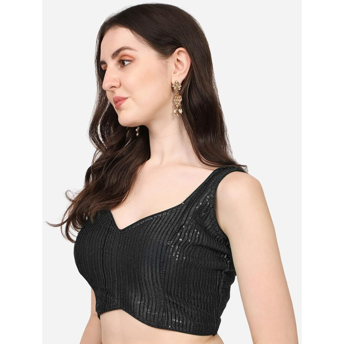 Pujia Mills Women's Multicolor Sweetheart Neck Georgette Line Soft Embroidery Sequence Zari Work Sleeves Readymade Saree Blouse (32, Black)