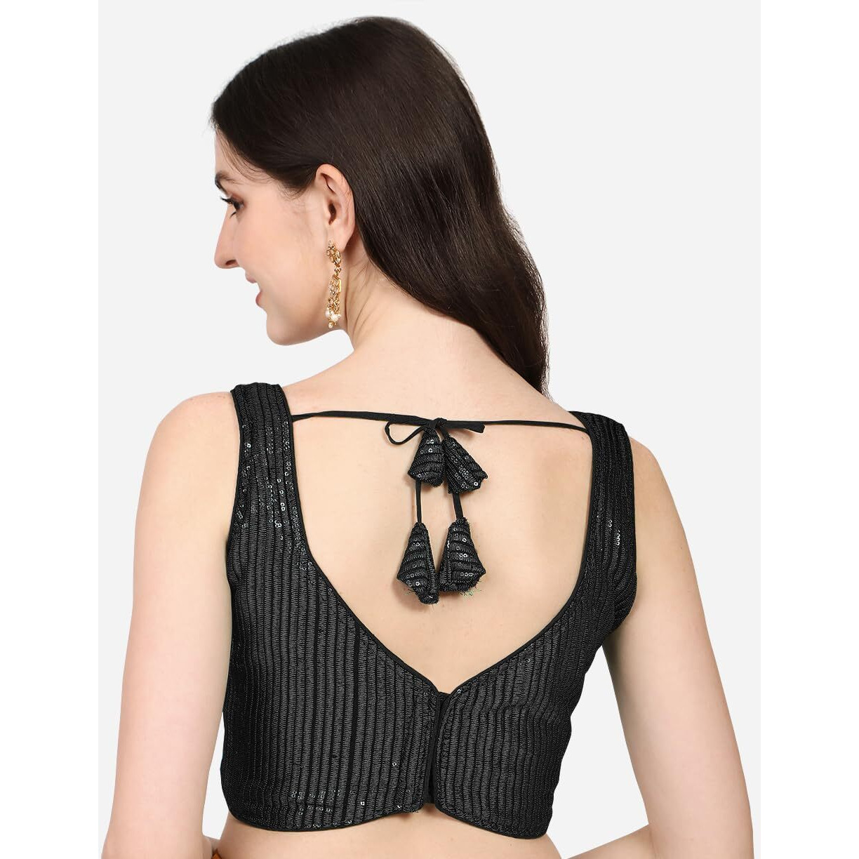 Pujia Mills Women's Multicolor Sweetheart Neck Georgette Line Soft Embroidery Sequence Zari Work Sleeves Readymade Saree Blouse (32, Black)