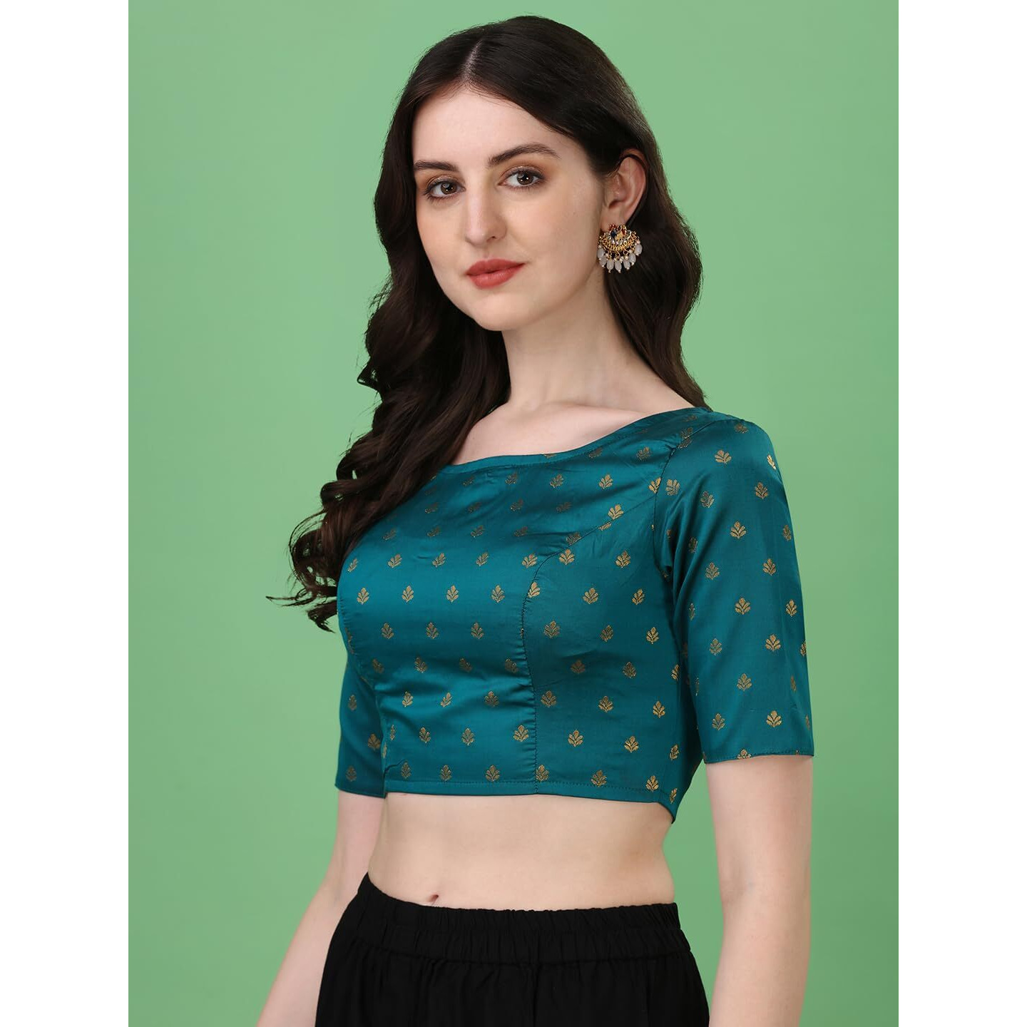 OOMPH Women's Indian Ethnic Wear Designer Leaf Pattern Boat Neck Half Sleeve Brocade Teal Blue Blouse for Saree or Lehnga and BlousePalazzos or Skirts for a Fusion Twist.