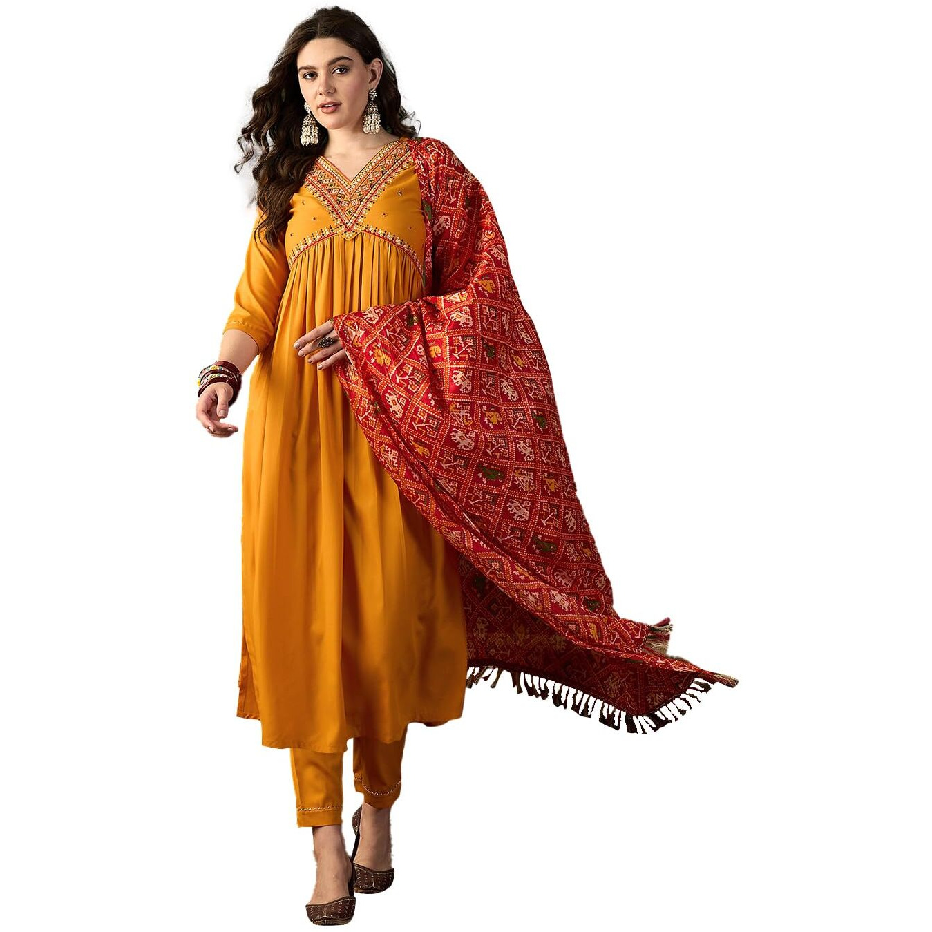 SheWill Mustard American Crepe Zari Sequence Embroidered Alia Cut Kurta with Pant and Dupatta |SHEKS10054_BNW_M