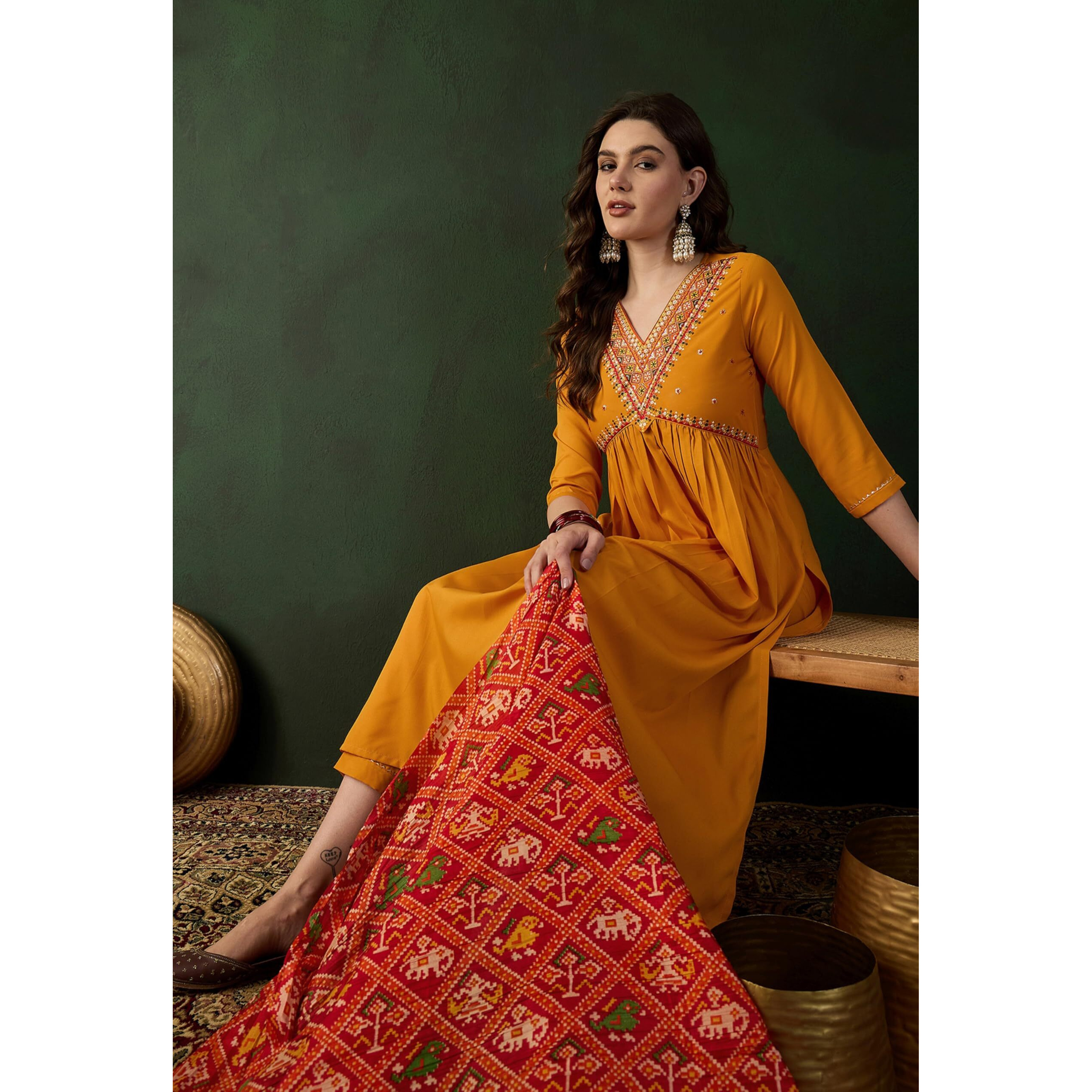 SheWill Mustard American Crepe Zari Sequence Embroidered Alia Cut Kurta with Pant and Dupatta |SHEKS10054_BNW_M