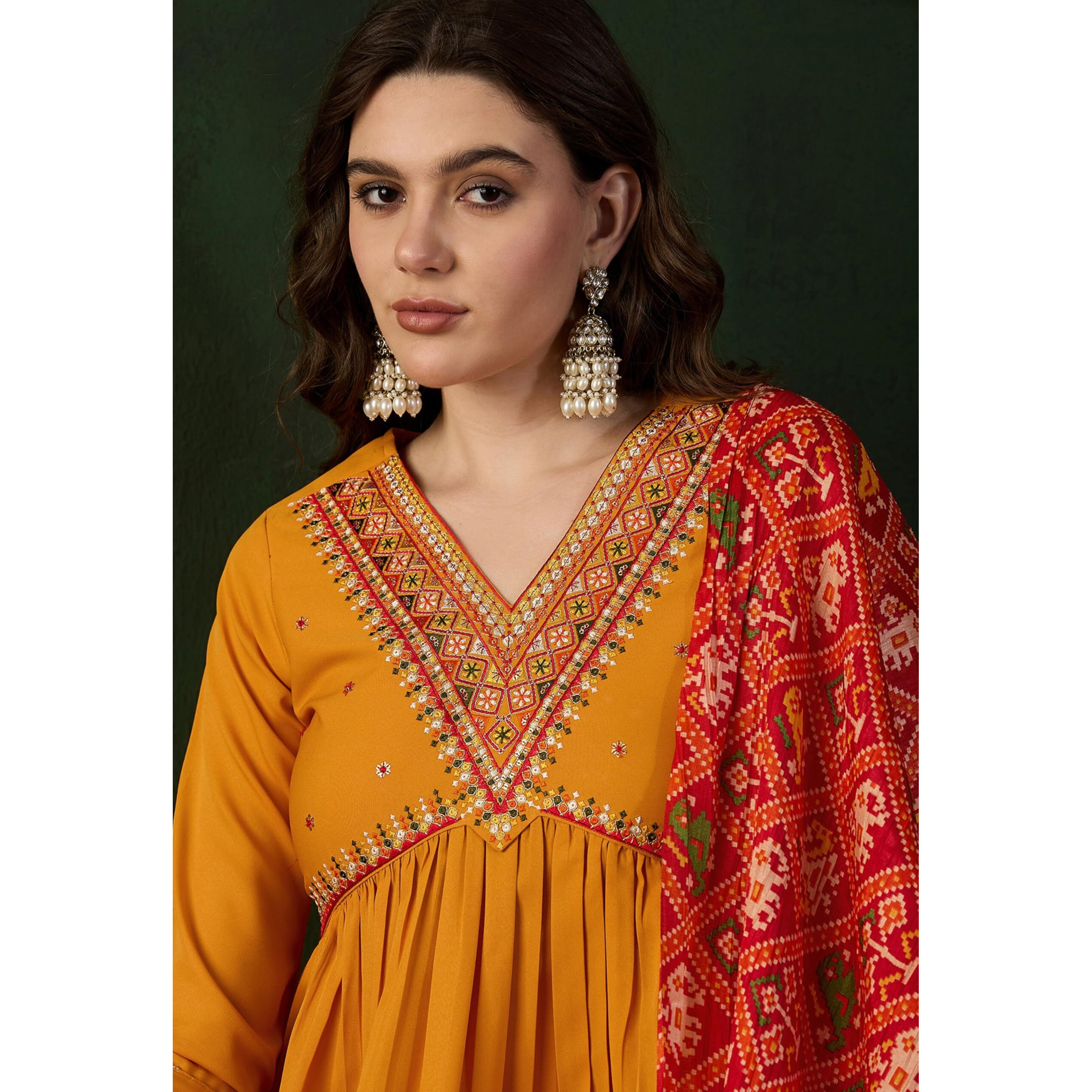 SheWill Mustard American Crepe Zari Sequence Embroidered Alia Cut Kurta with Pant and Dupatta |SHEKS10054_BNW_M
