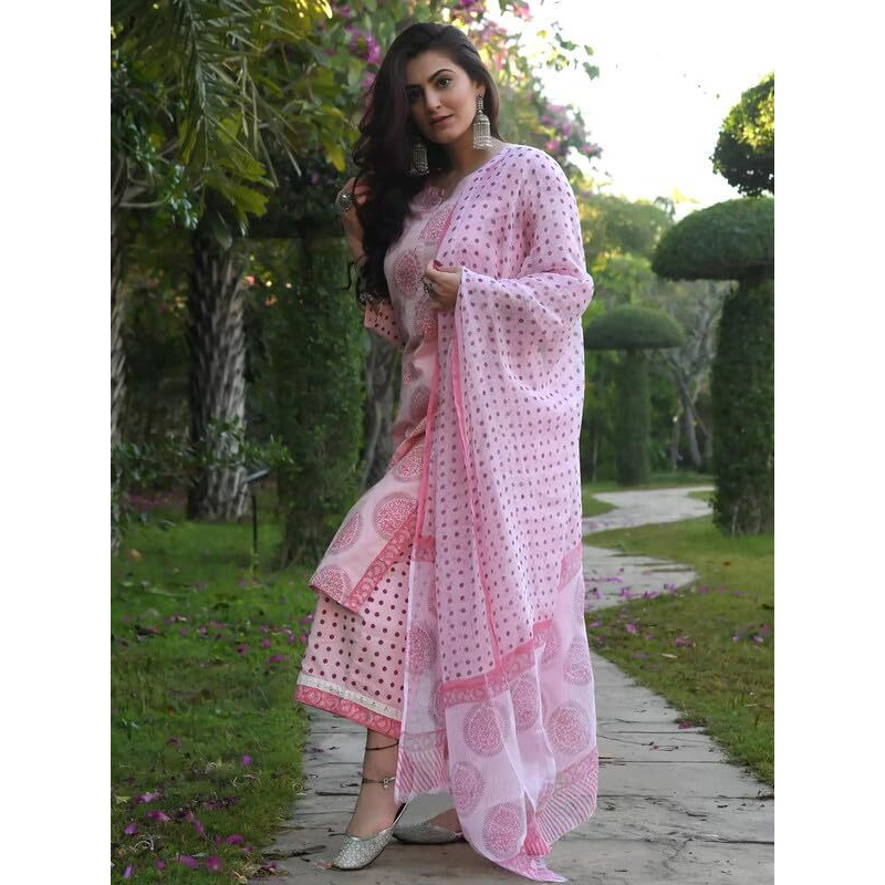Pinkmint Women Straight Motif Printed Kurta and Pant Set with Dupatta