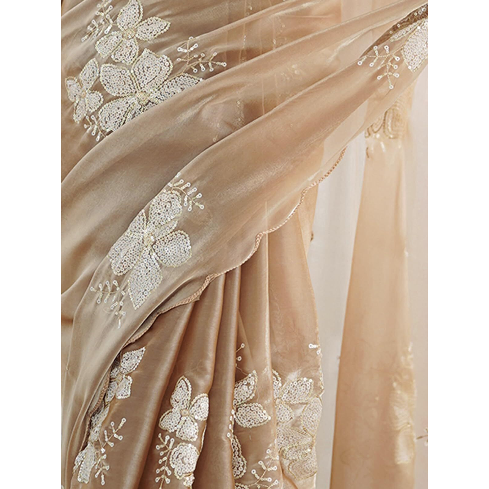 Satrani Women's Sequins Embroidery Chiffon Saree (3997S125N_Beige)
