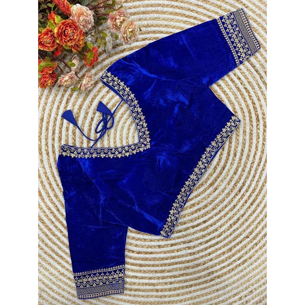 Pujia Mills Women's Velvet Blouse for Women Readymade Blouse Half Sleeves Embroidery Blouse aari Work Blouse Readymade Saree Blouse Choli for Women Readymade Choli Blouse (Velvet 501 Royal Blue 36)