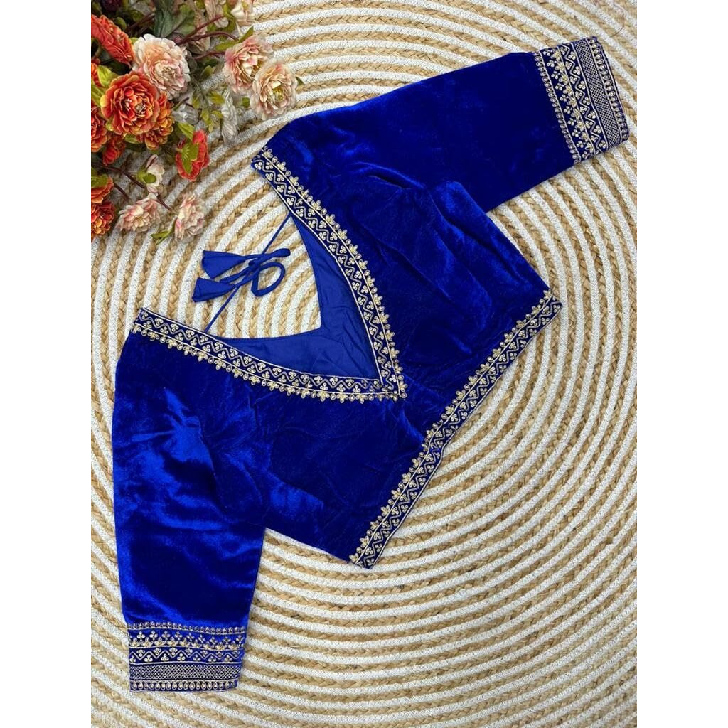 Pujia Mills Women's Velvet Blouse for Women Readymade Blouse Half Sleeves Embroidery Blouse aari Work Blouse Readymade Saree Blouse Choli for Women Readymade Choli Blouse (Velvet 501 Royal Blue 36)
