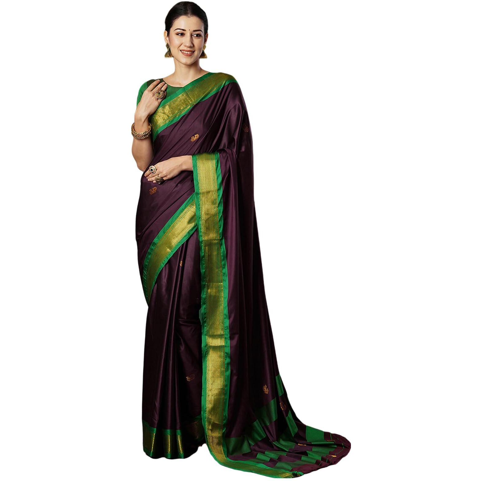 SWARON Women's Banarasi Jacquard Kanjivaram Silk Saree with Unstitched Blouse Piece (3743S105NW_Wine & Green)