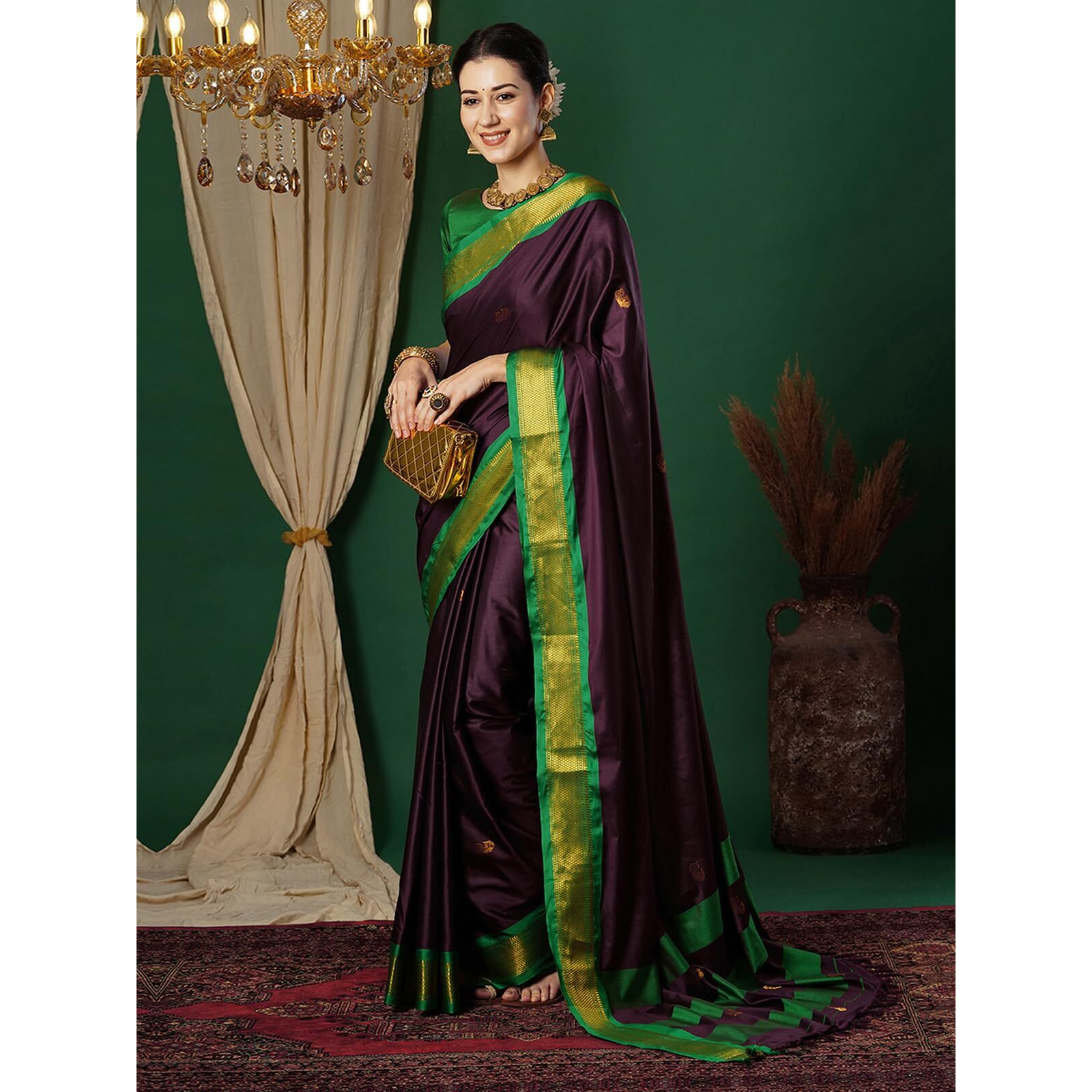 SWARON Women's Banarasi Jacquard Kanjivaram Silk Saree with Unstitched Blouse Piece (3743S105NW_Wine & Green)