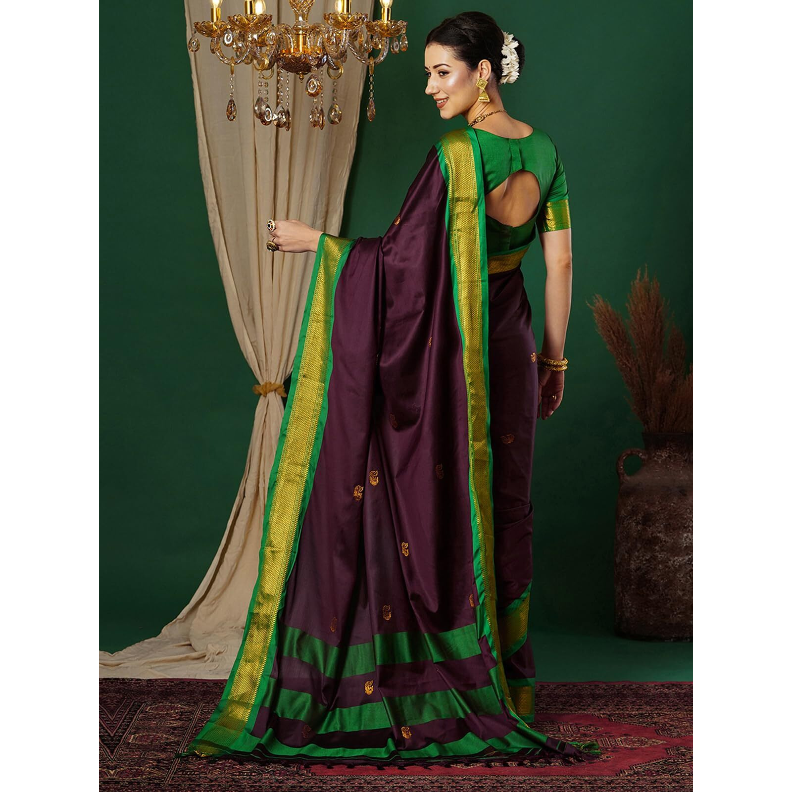 SWARON Women's Banarasi Jacquard Kanjivaram Silk Saree with Unstitched Blouse Piece (3743S105NW_Wine & Green)