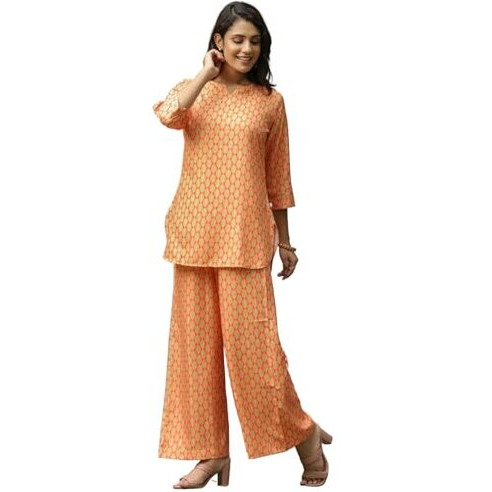 GRECIILOOKS Women Co Ord Set for Women | Co Ord Set for Women Stylish | Kurta Set for Women | Kurta Set | Designer Kurta Set for Women | 3/4 Sleeve Co-Ord Set (in, Alpha, S, Regular, Orange)