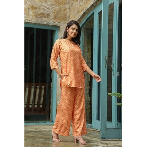 GRECIILOOKS Women Co Ord Set for Women | Co Ord Set for Women Stylish | Kurta Set for Women | Kurta Set | Designer Kurta Set for Women | 3/4 Sleeve Co-Ord Set (in, Alpha, S, Regular, Orange)