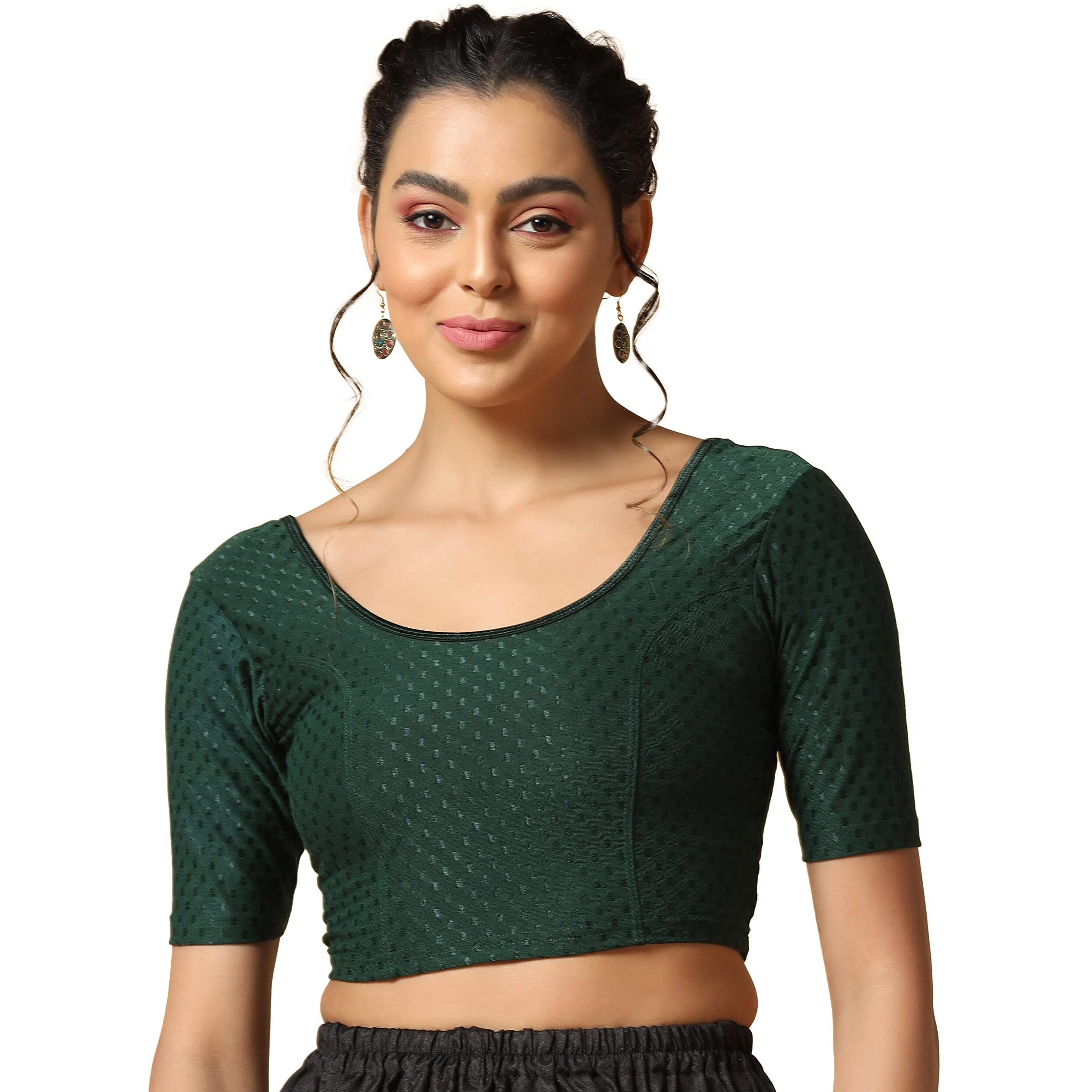 TOPLOT Cotton Blend Lycra Stretchable Round Neck Blouses for Women Readymade (Blouse-5058-Green-32)