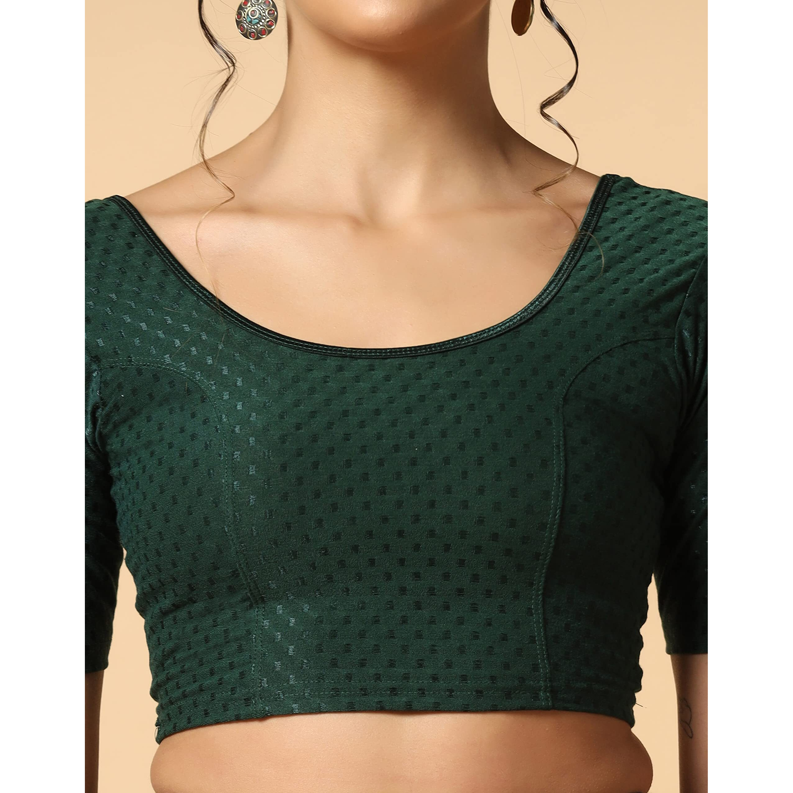 TOPLOT Cotton Blend Lycra Stretchable Round Neck Blouses for Women Readymade (Blouse-5058-Green-32)