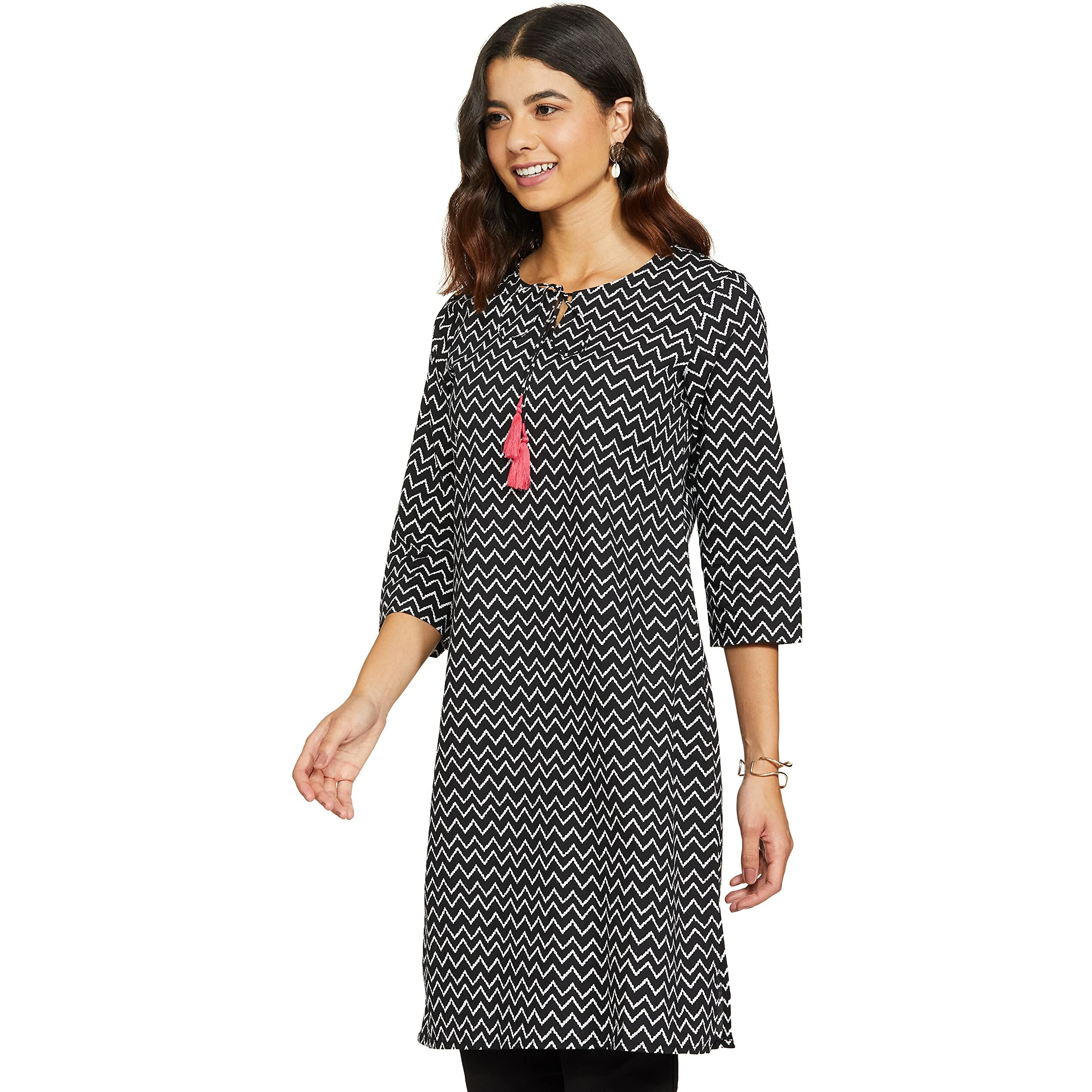 Amazon Brand - Myx Women's Cotton Regular Kurti (PAG 46_Black Waves_L)
