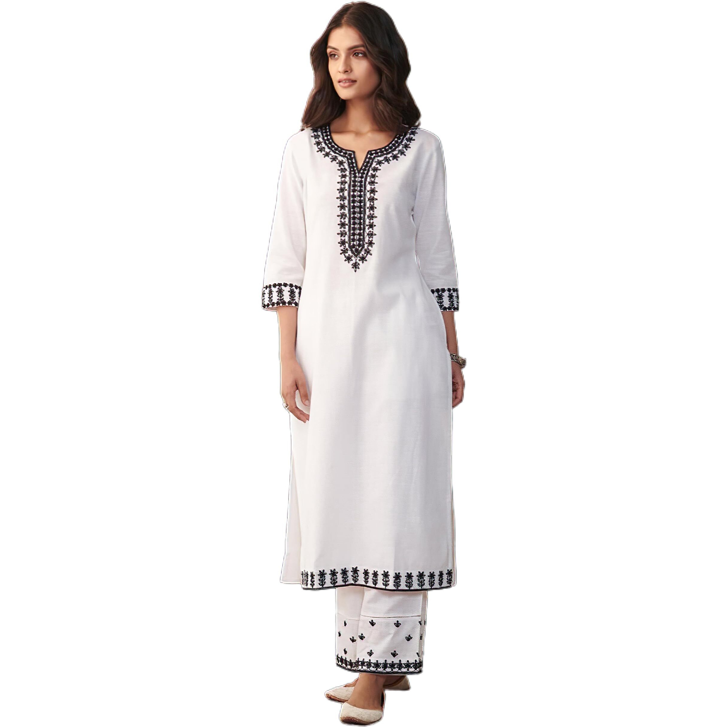 EVANTA Women's Cotton Blend Embroidery Kurta with Pent Set (TBH-White) (M, White)