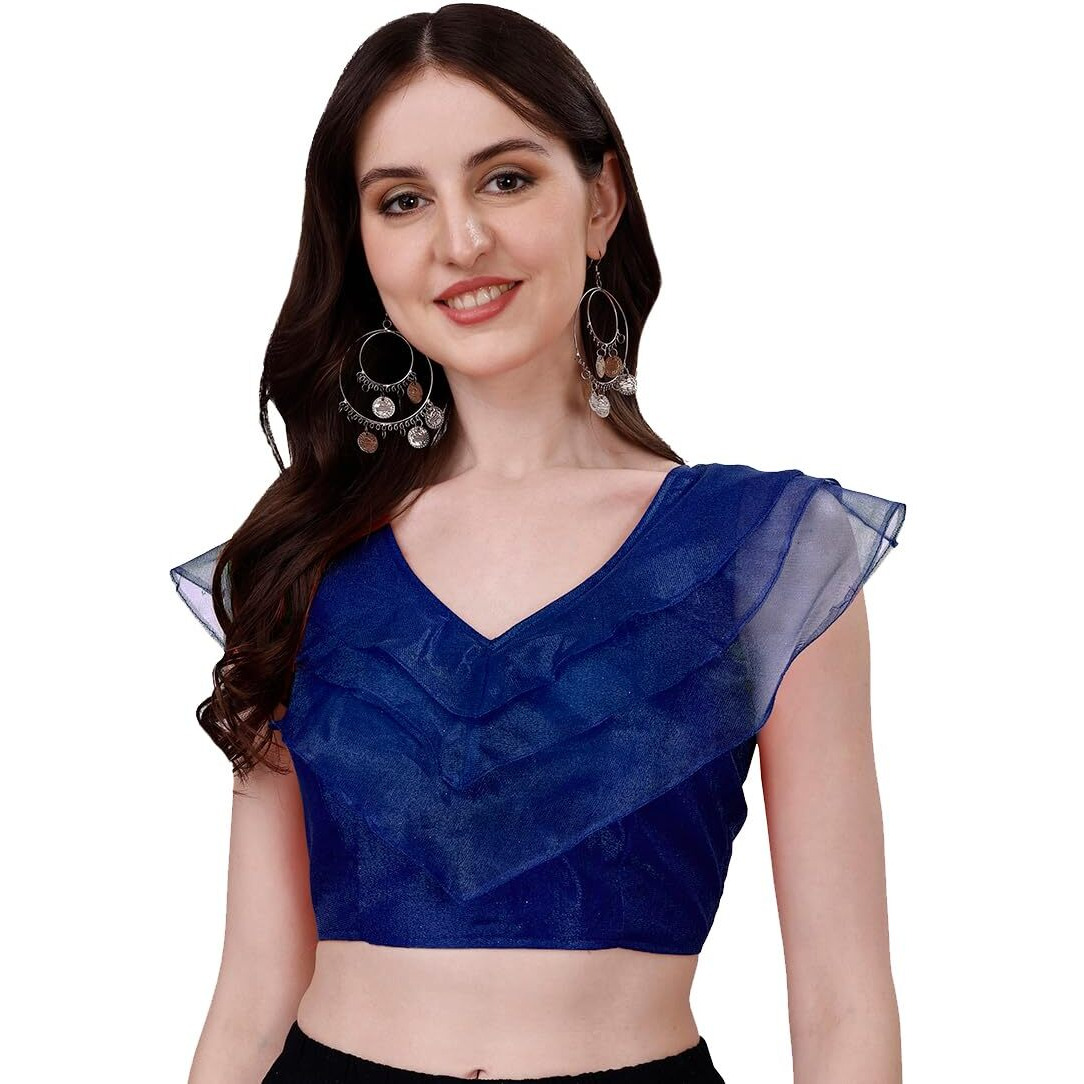 Pujia Mills Women's V Neck Orgenza Three Layer Ruffle Sleeve Frill Readymade Saree Blouse
