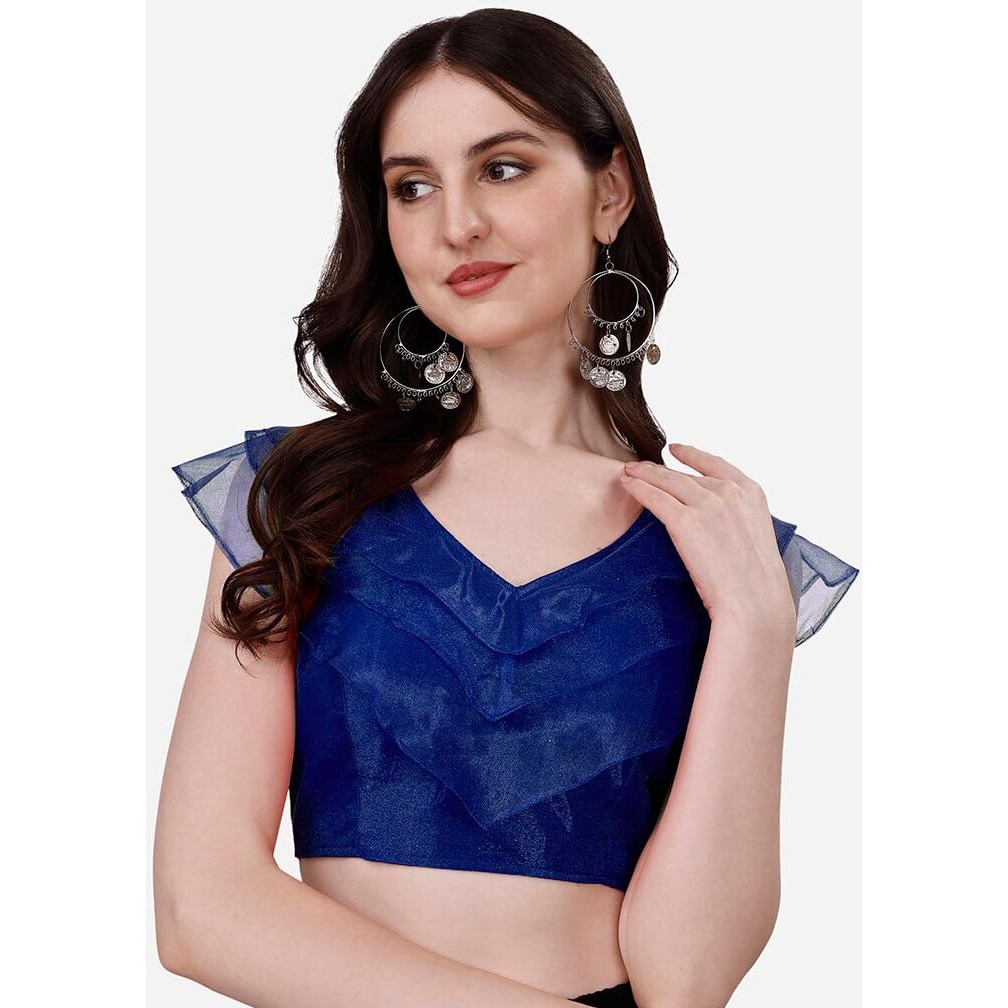 Pujia Mills Women's V Neck Orgenza Three Layer Ruffle Sleeve Frill Readymade Saree Blouse