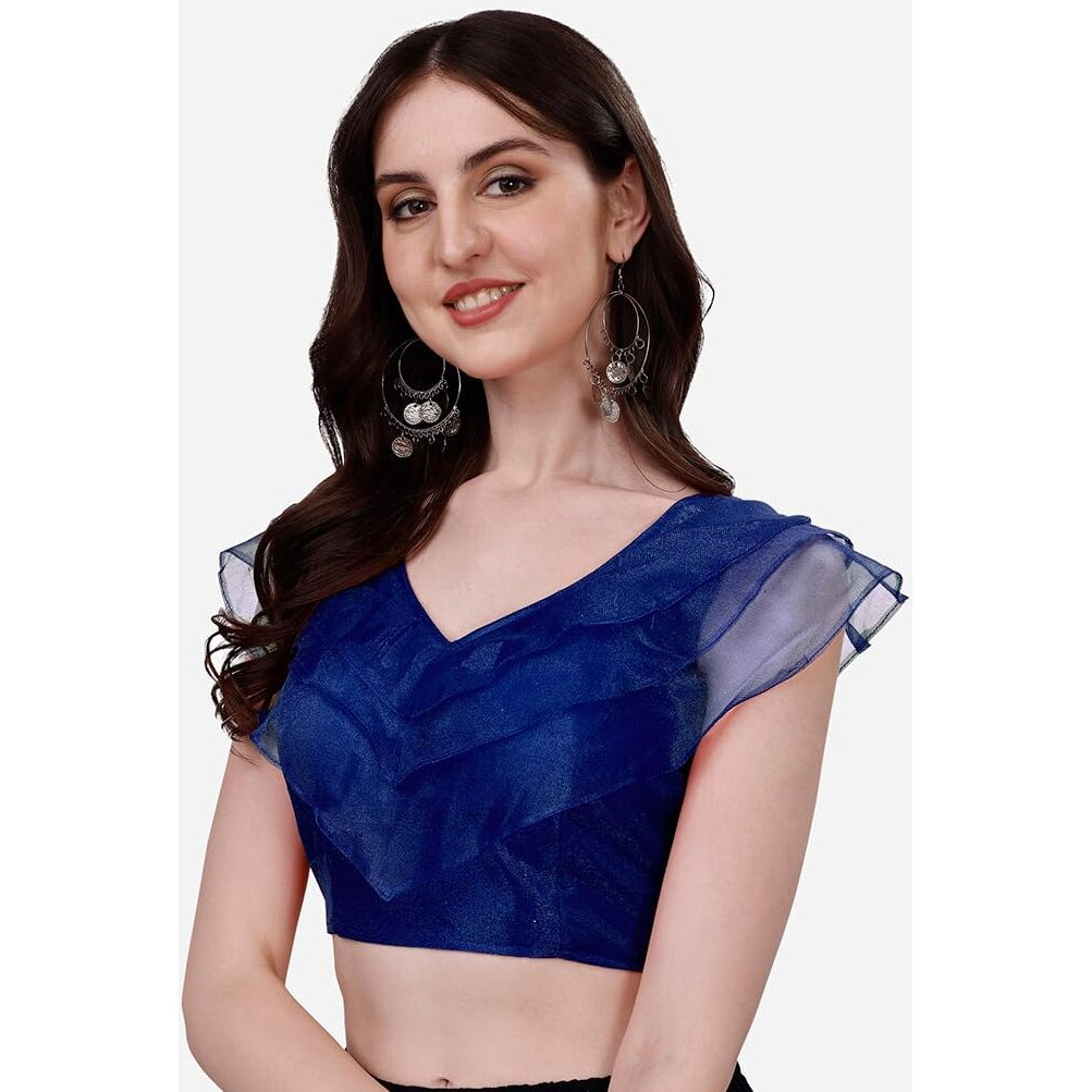 Pujia Mills Women's V Neck Orgenza Three Layer Ruffle Sleeve Frill Readymade Saree Blouse