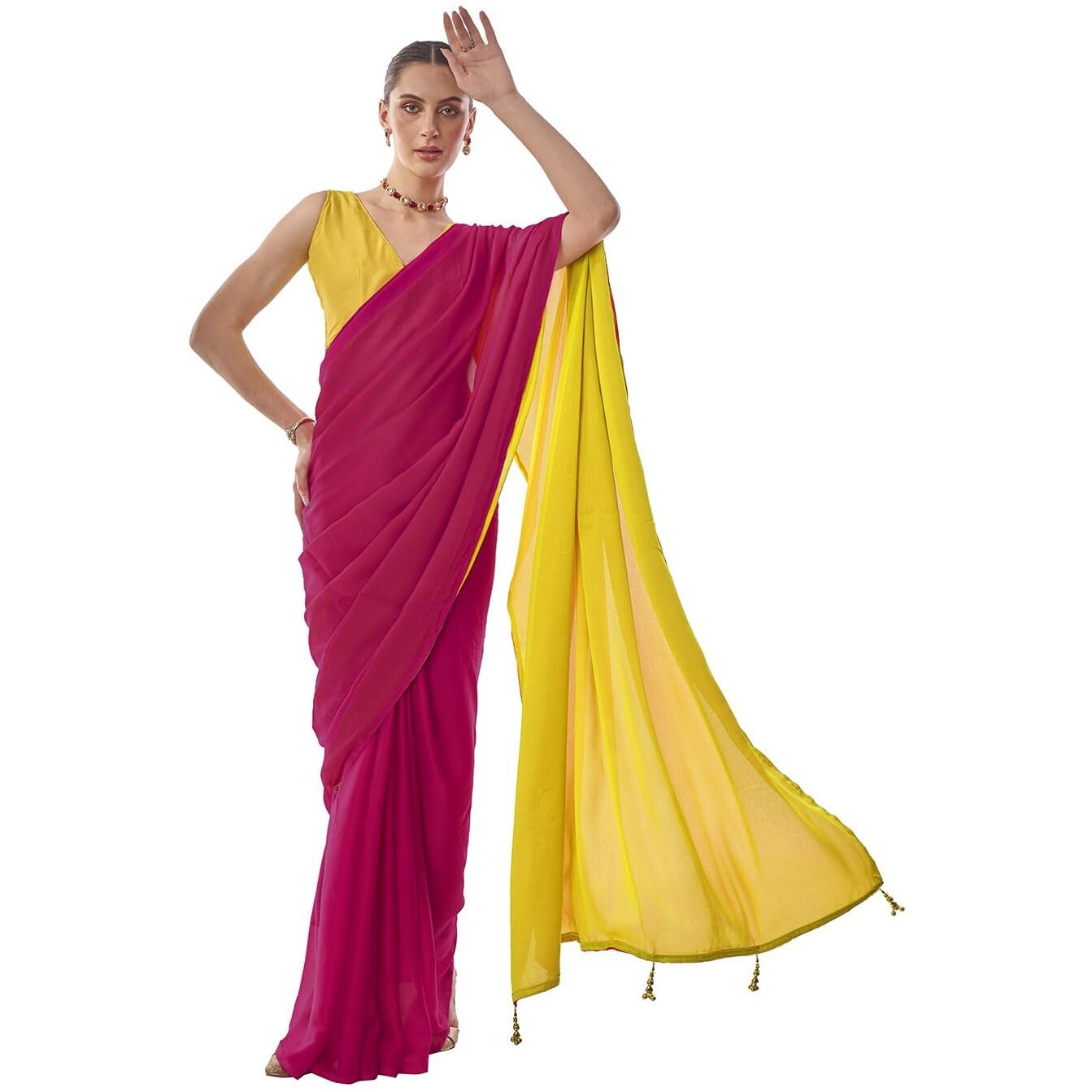 ORHANS Women's Georgette Latkan With Lace Work Two Color Saree With Art Silk Unstitched Blouse Piece