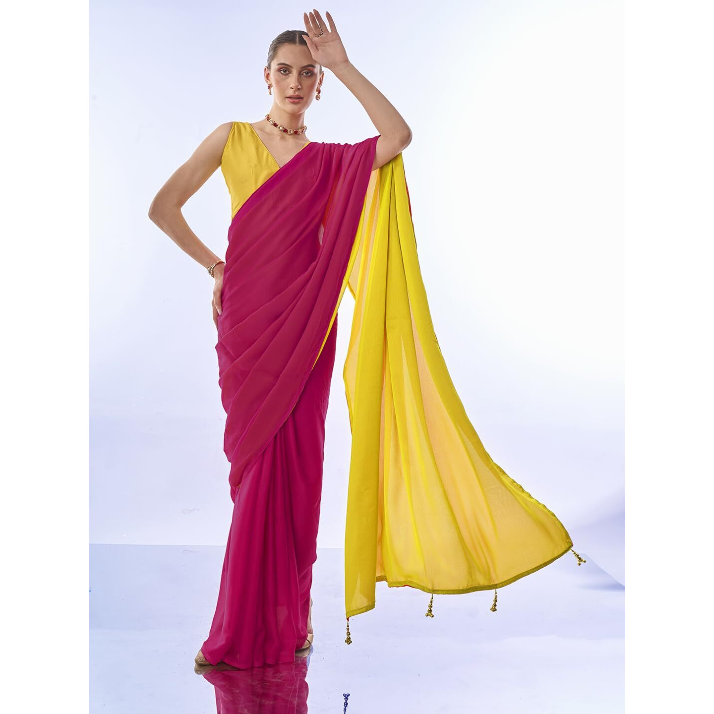 ORHANS Women's Georgette Latkan With Lace Work Two Color Saree With Art Silk Unstitched Blouse Piece