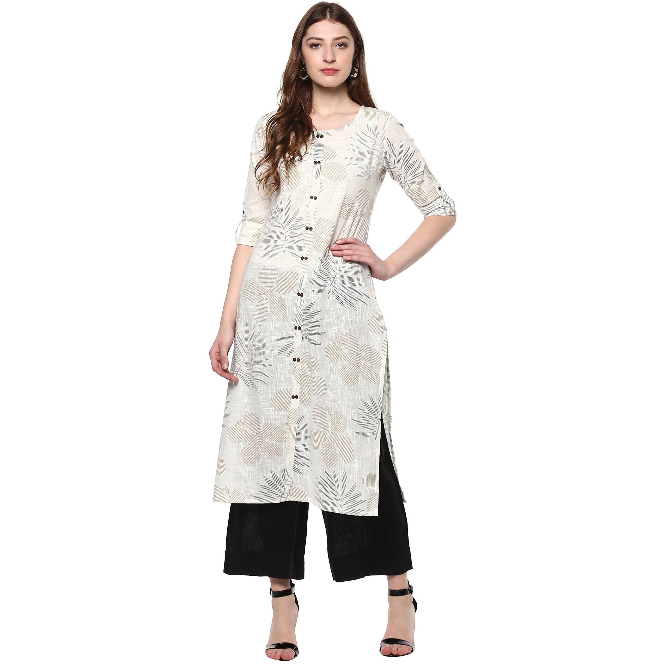 Janasya Women's Off White Cotton Foil Print Straight Kurta(JNE2171-KR-437-M)