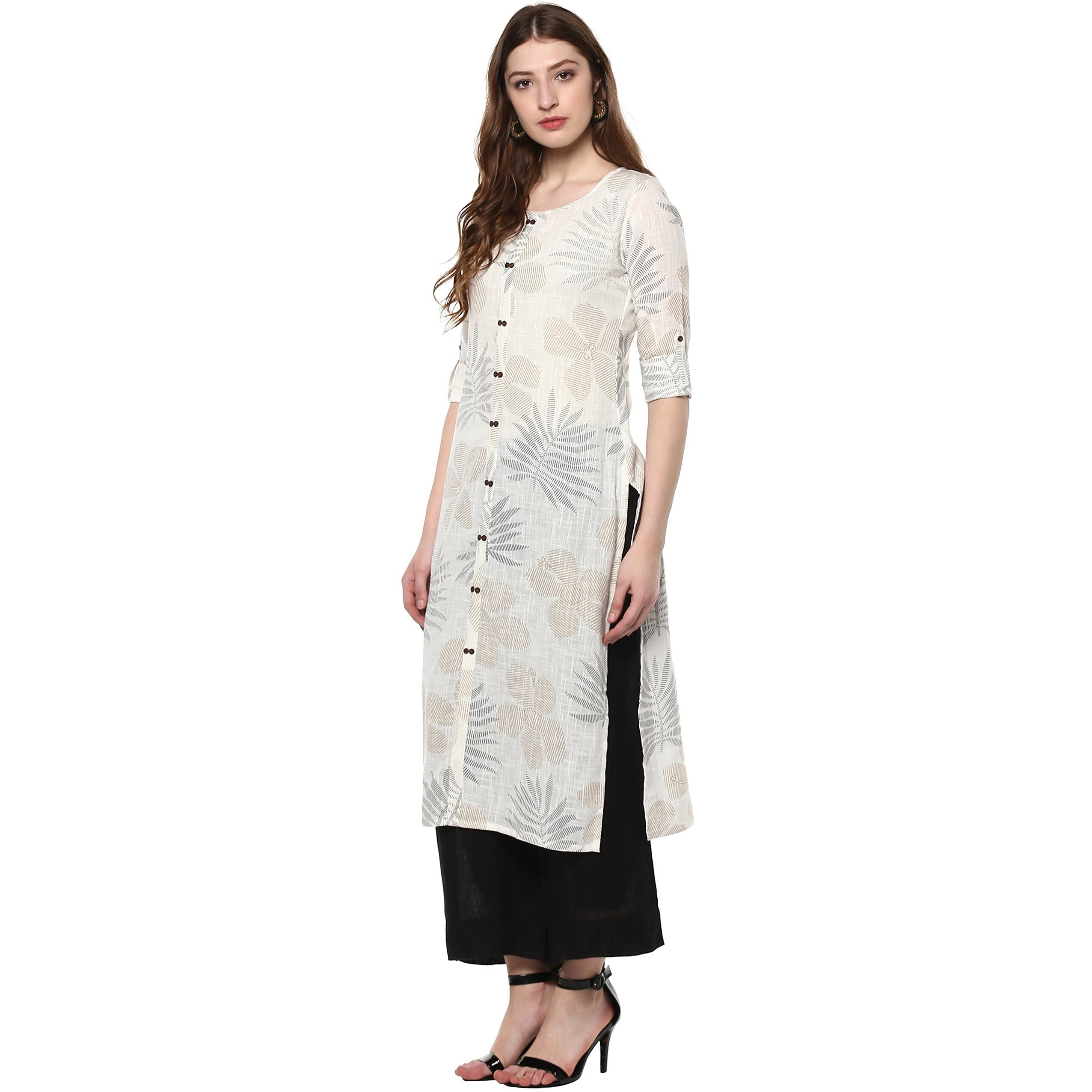 Janasya Women's Off White Cotton Foil Print Straight Kurta(JNE2171-KR-437-M)