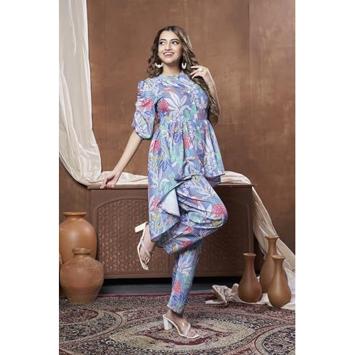 GRECIILOOKS Rayon Standard Length Stylish Kurta Ethnic for Women | Half Sleeve Co-ord Set (GL-W1936&TR958_Grey_M)