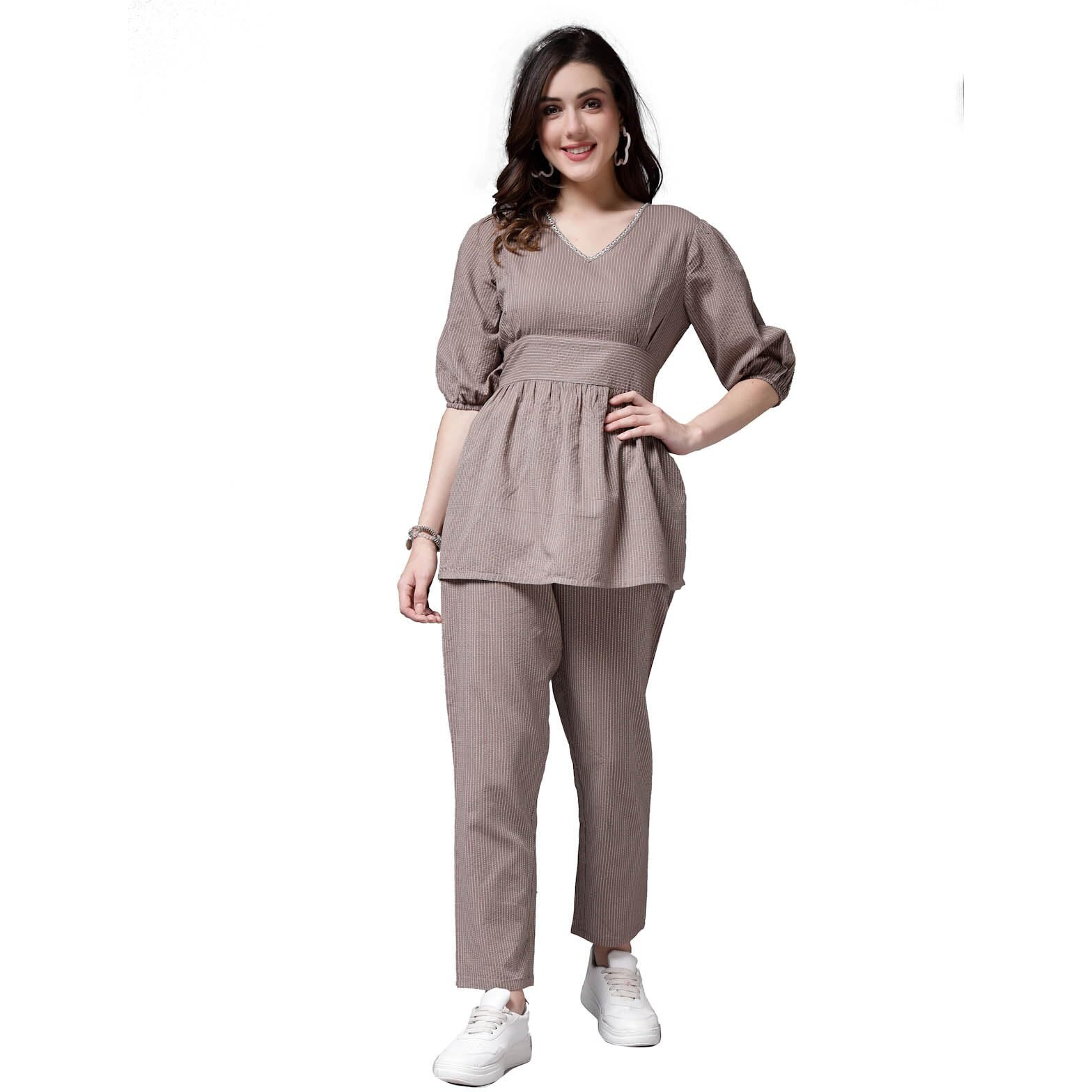 Stylum Women's Self Woven Kantha Cotton Co-Ord Set (BEIGEKATHACORD34_Beige, XS)