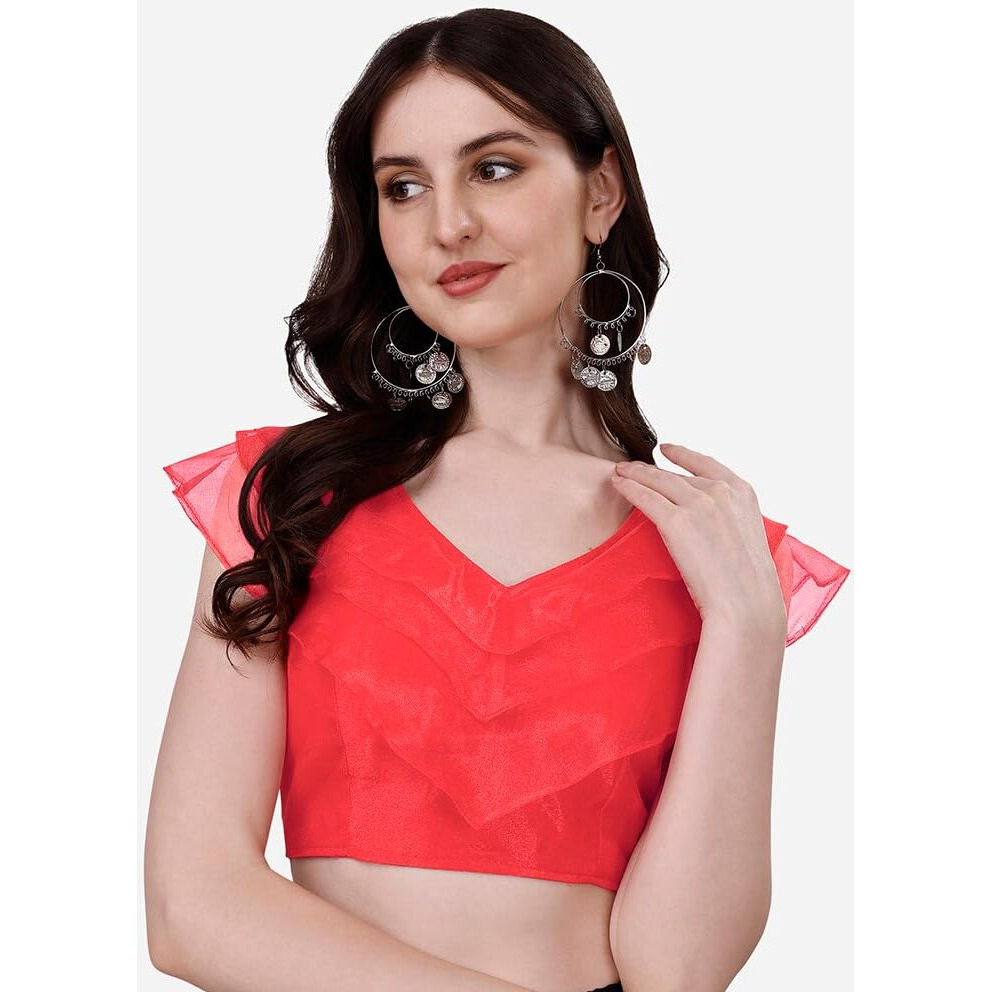 Pujia Mills Women's V Neck Orgenza Three Layer Ruffle Sleeve Frill Readymade Saree Blouse