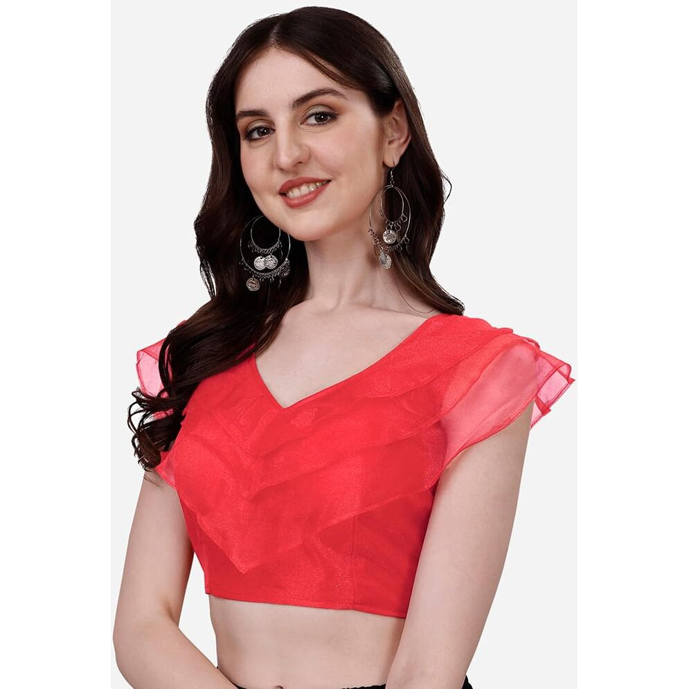 Pujia Mills Women's V Neck Orgenza Three Layer Ruffle Sleeve Frill Readymade Saree Blouse