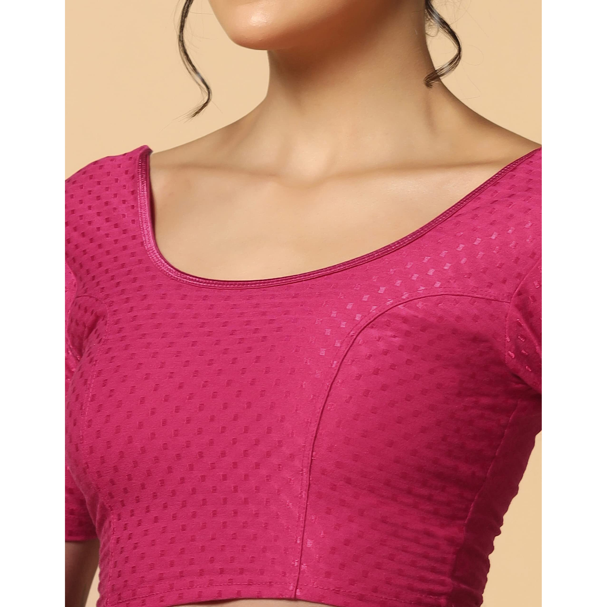 TOPLOT Cotton Blend Lycra Stretchable Round Neck Blouses for Women Readymade (Blouse-5058-Rani Pink-38)