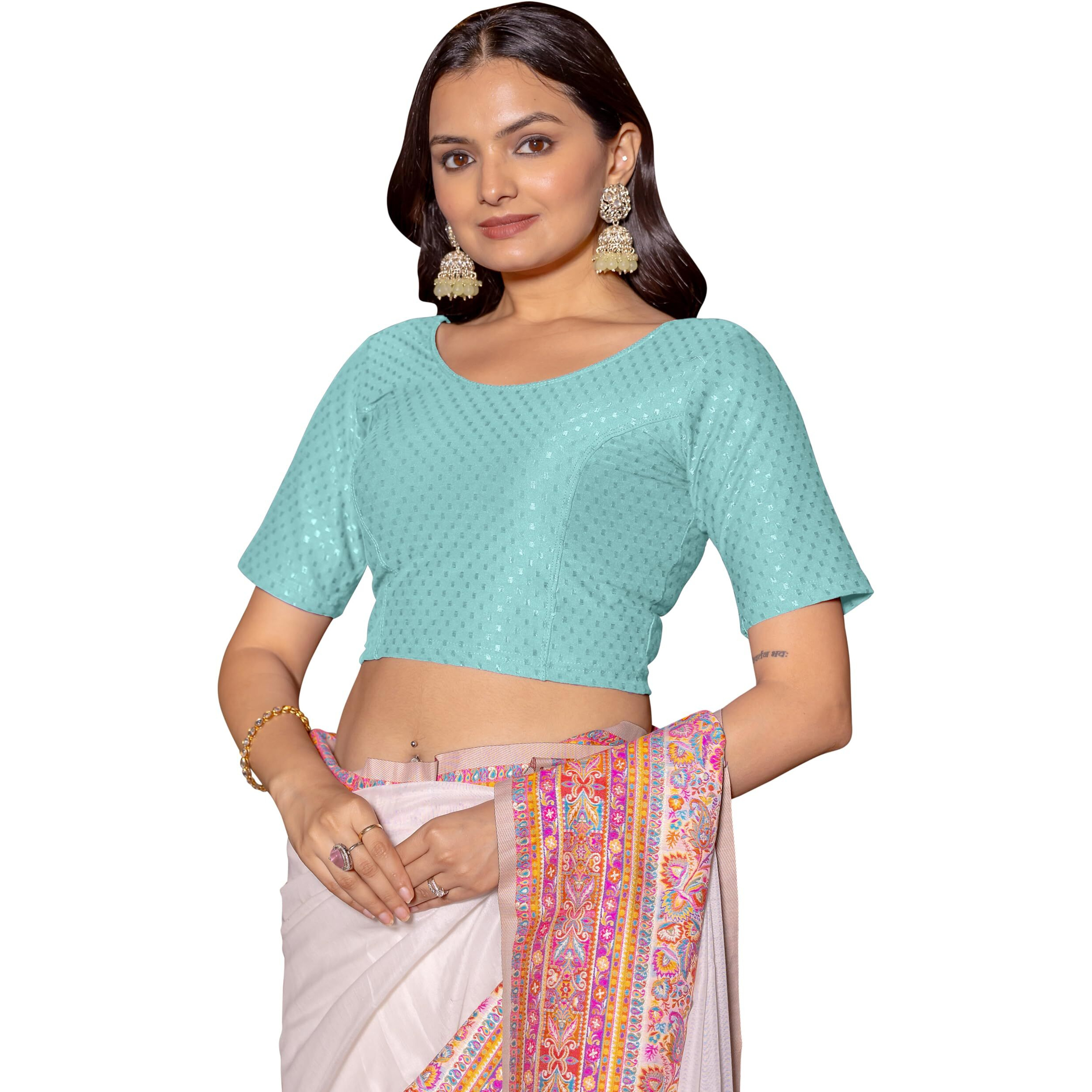 Jaanvi fashion Round Neck Dobby Cotton Lycra Stretchable Elbow Sleeve Readymade Saree Blouse for Women Stylish (Cotton-dobbi-Sky-Blue-m)