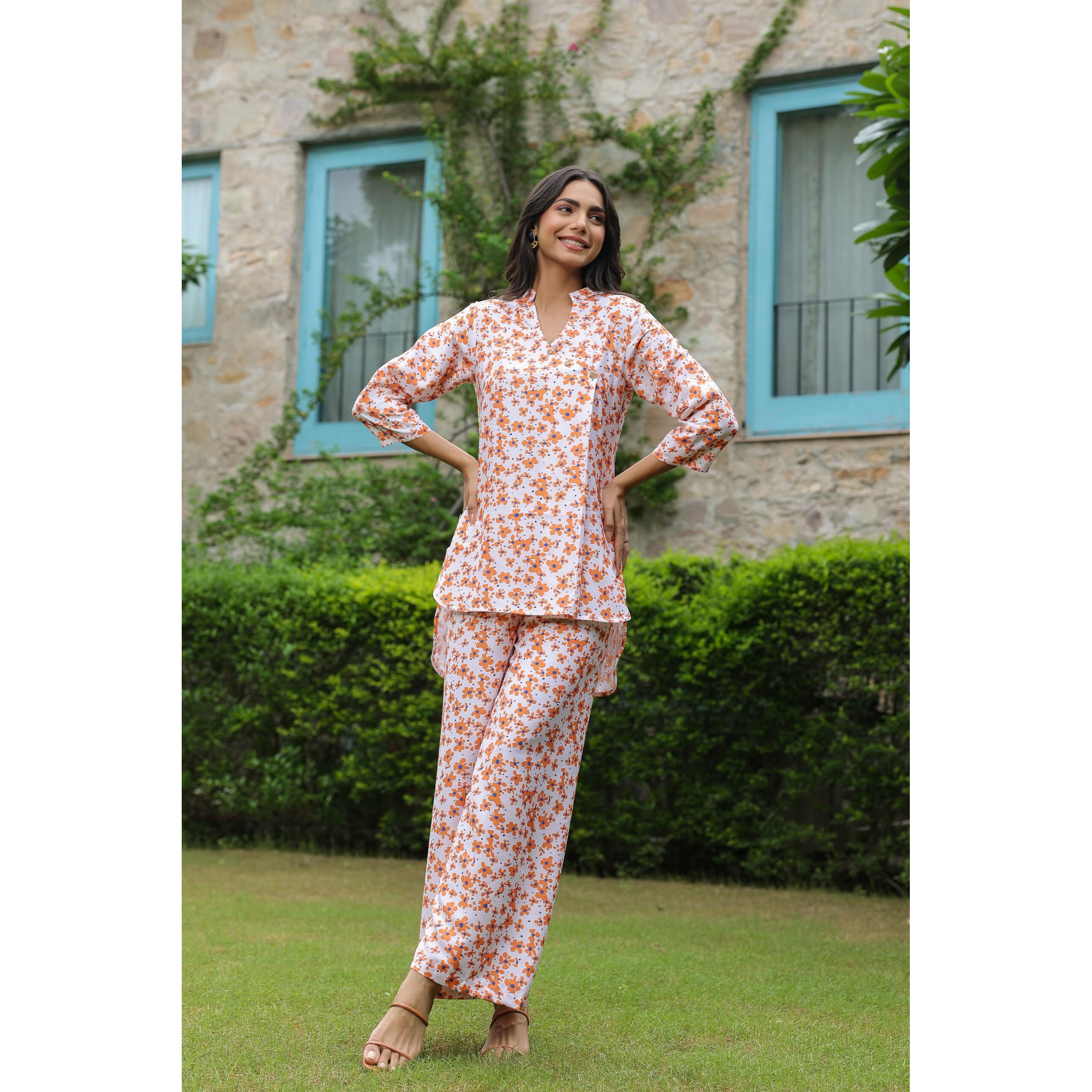 Leriya Fashion WOMEN PRINTED PARTY REGULAR FIT ETHNIC WEAR CO-ORD KURTA SET FOR WOMEN (LF-W2103&TR1058-S-ORANGE)