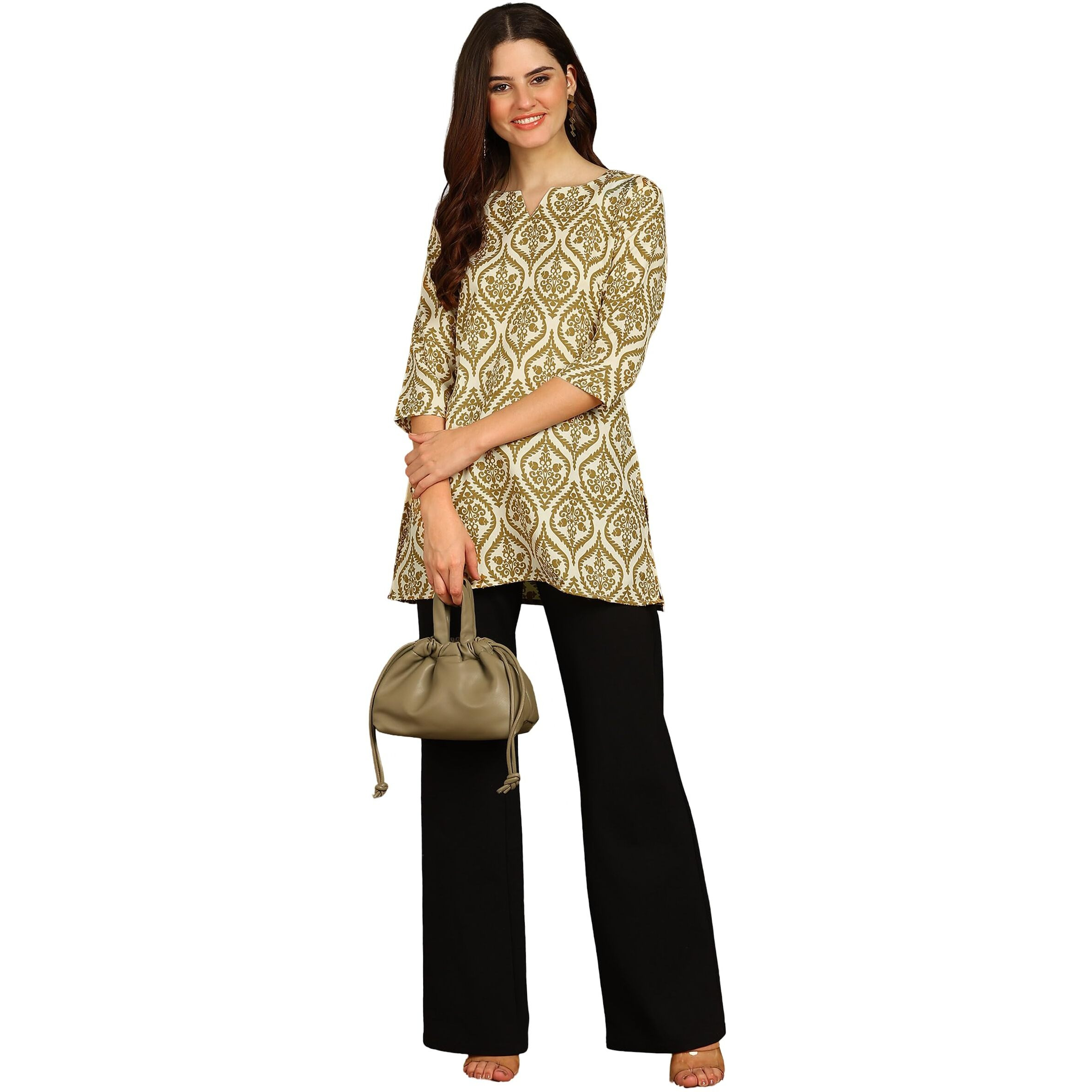 DSK Studio Women's Poly Rayon Floral Regular Short Kurti (KU1008-Golden-M_Golden