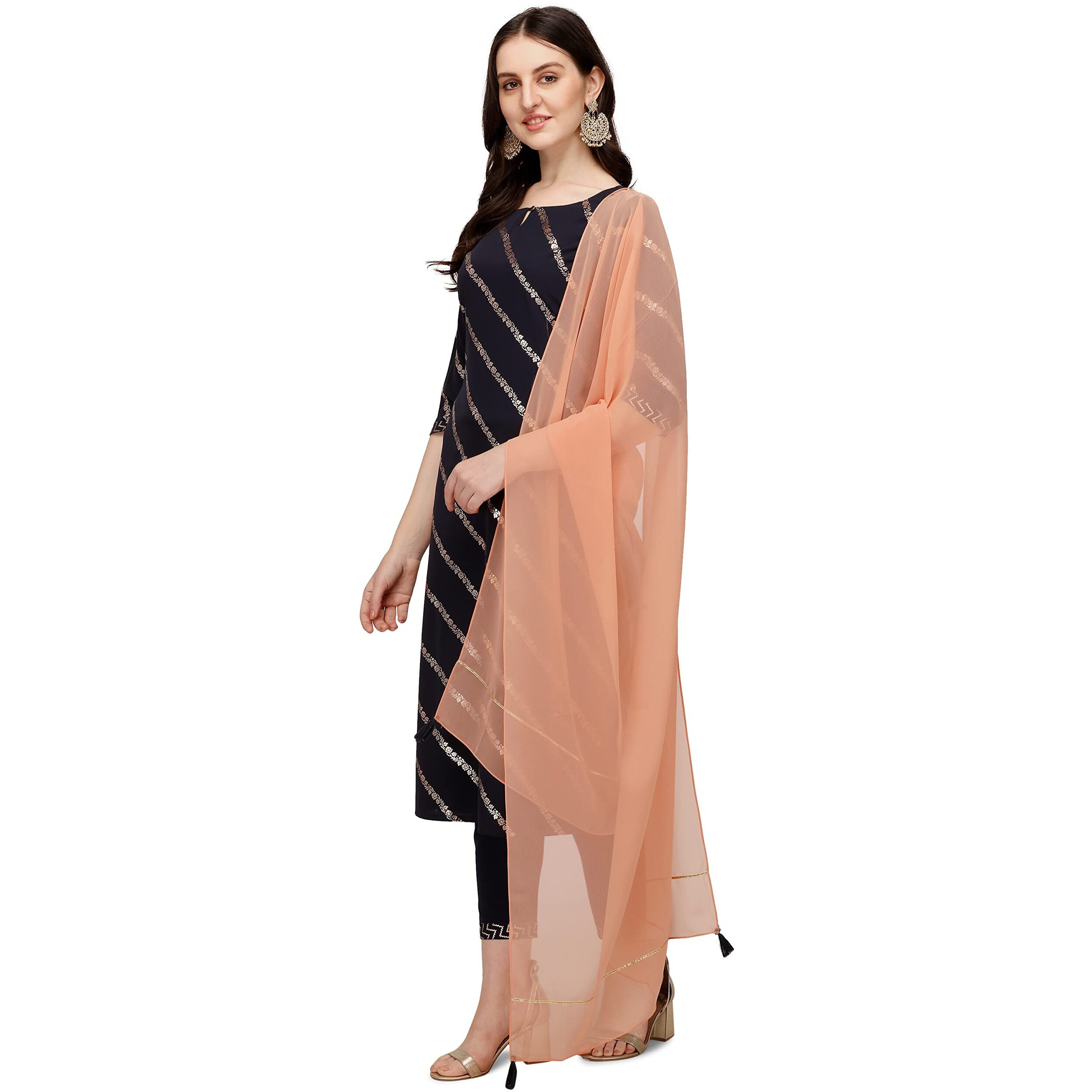 FIORRA Women's Navy Blue Poly Crepe Straight Kurta with Pant and Dupatta SET0038-S