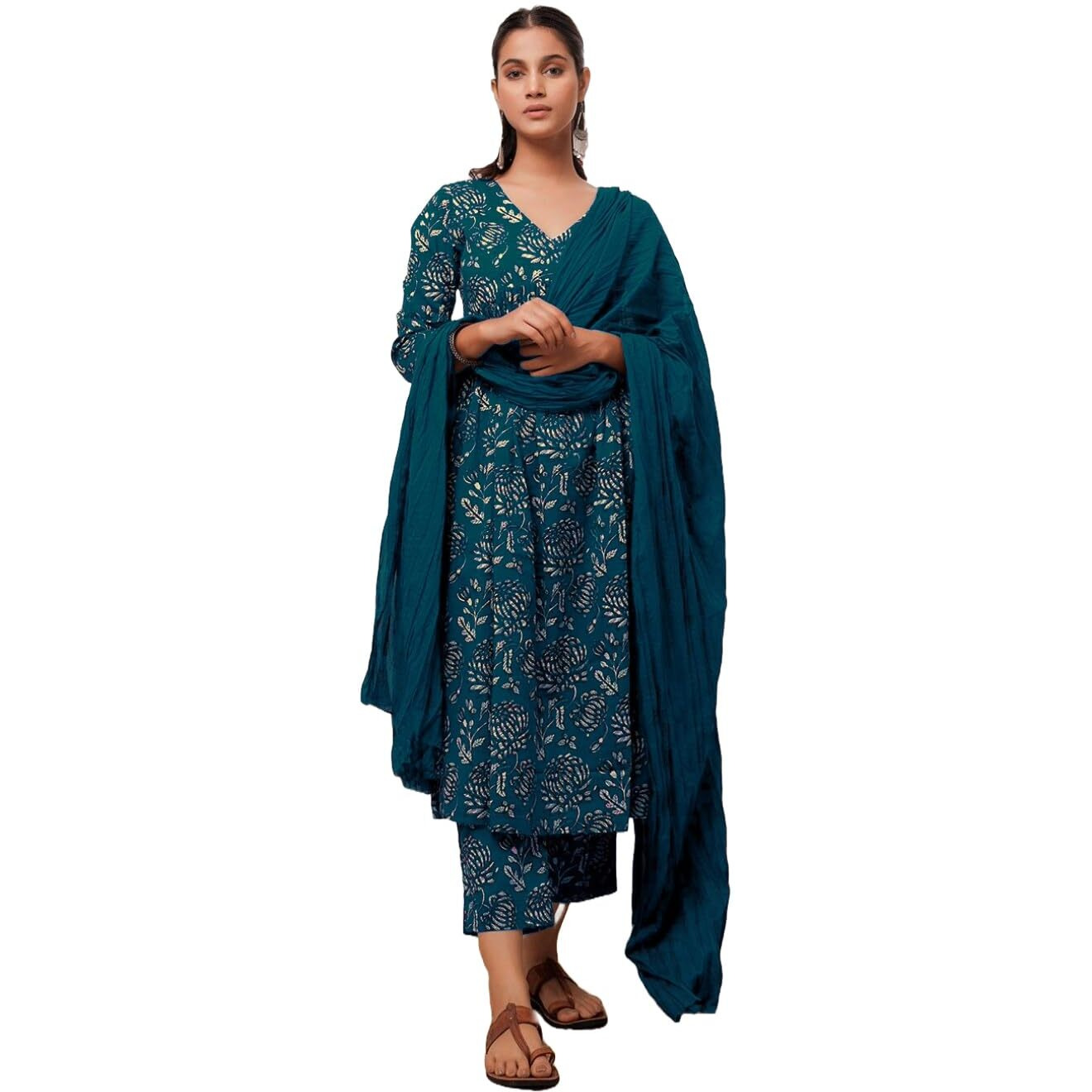 GoSriKi Women's Cotton Blend Anarkali Printed Kurta with Pant & Dupatta (Dabu Violet-GS_Dark Blue