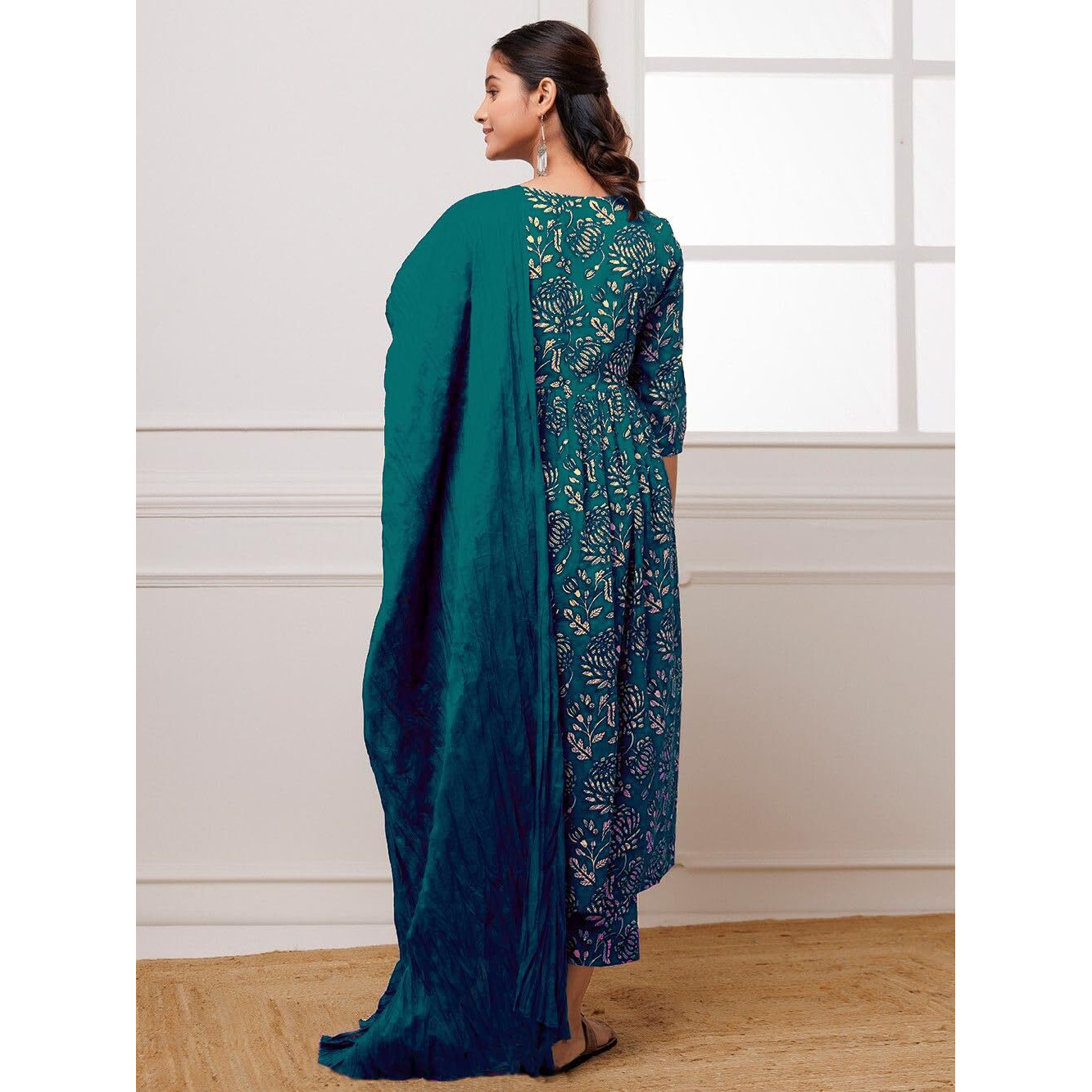 GoSriKi Women's Cotton Blend Anarkali Printed Kurta with Pant & Dupatta (Dabu Violet-GS_Dark Blue