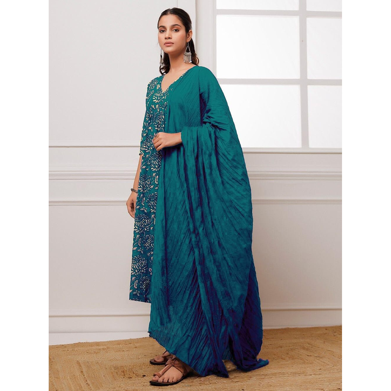 GoSriKi Women's Cotton Blend Anarkali Printed Kurta with Pant & Dupatta (Dabu Violet-GS_Dark Blue