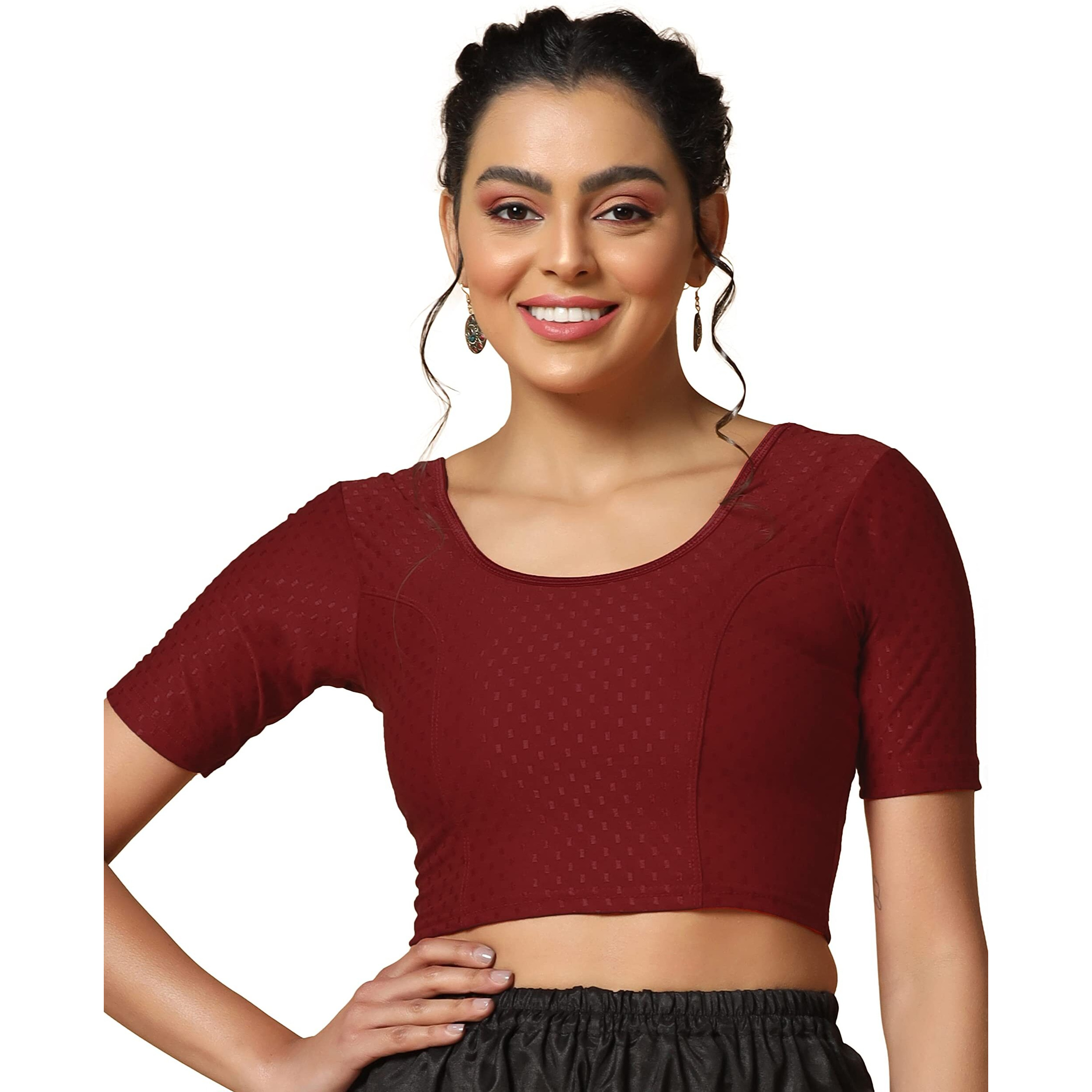 TOPLOT Cotton Blend Lycra Stretchable Round Neck Blouses for Women Readymade (Blouse-5058-Maroon-28)