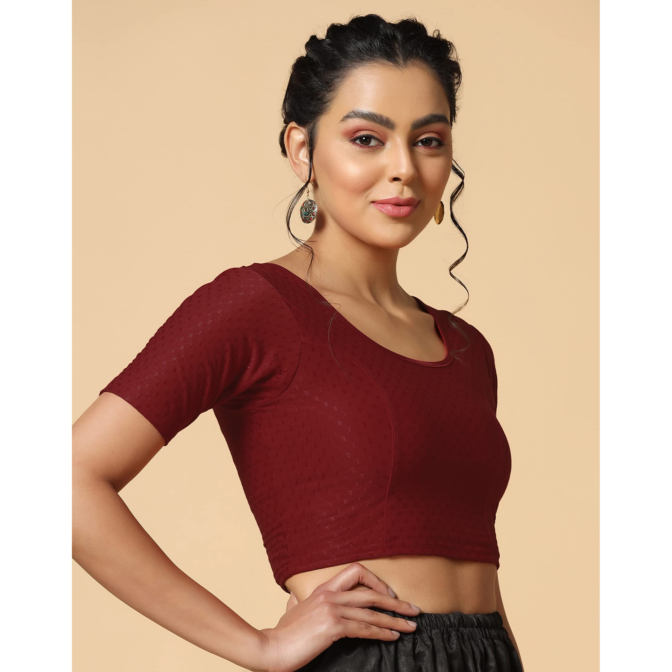 TOPLOT Cotton Blend Lycra Stretchable Round Neck Blouses for Women Readymade (Blouse-5058-Maroon-28)