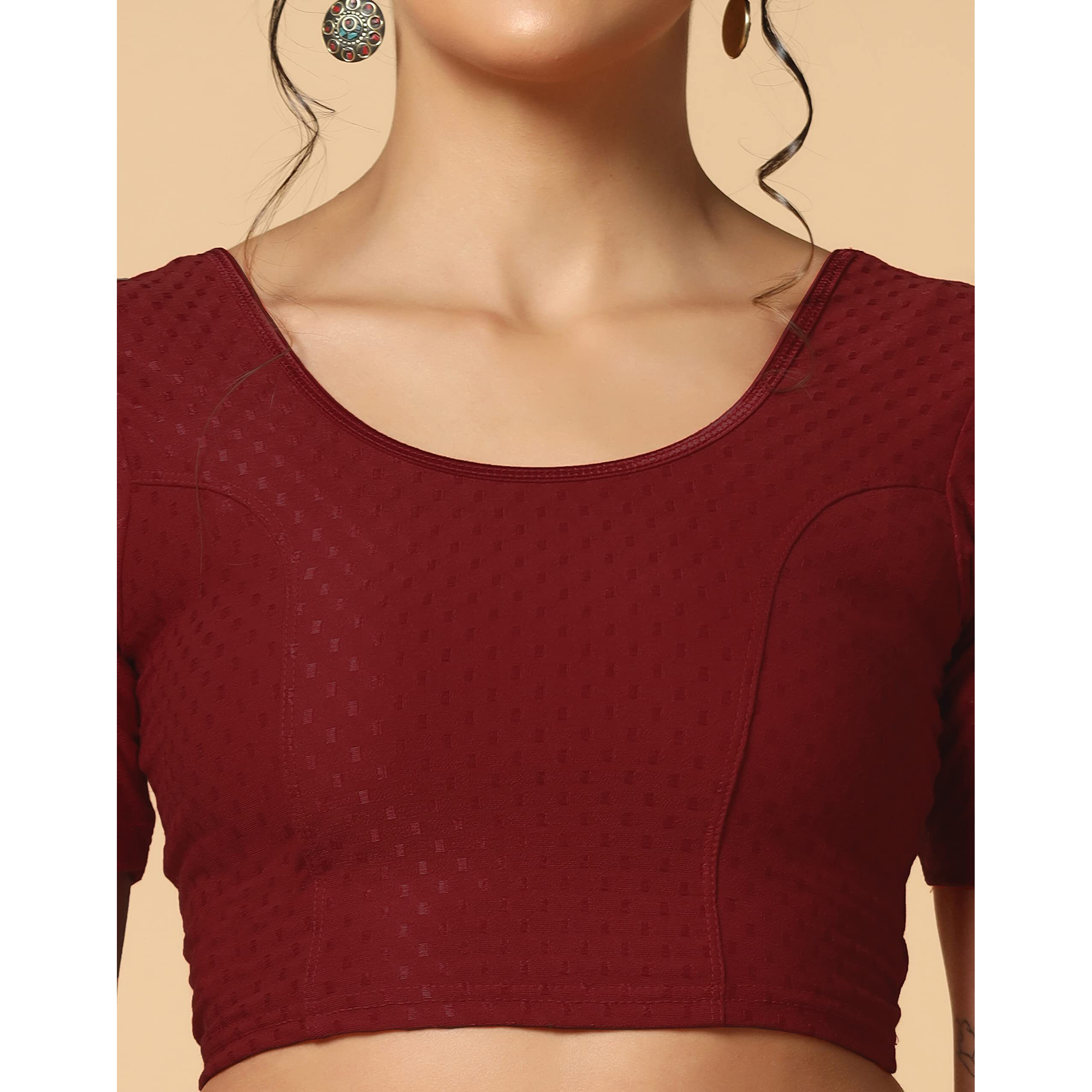 TOPLOT Cotton Blend Lycra Stretchable Round Neck Blouses for Women Readymade (Blouse-5058-Maroon-28)