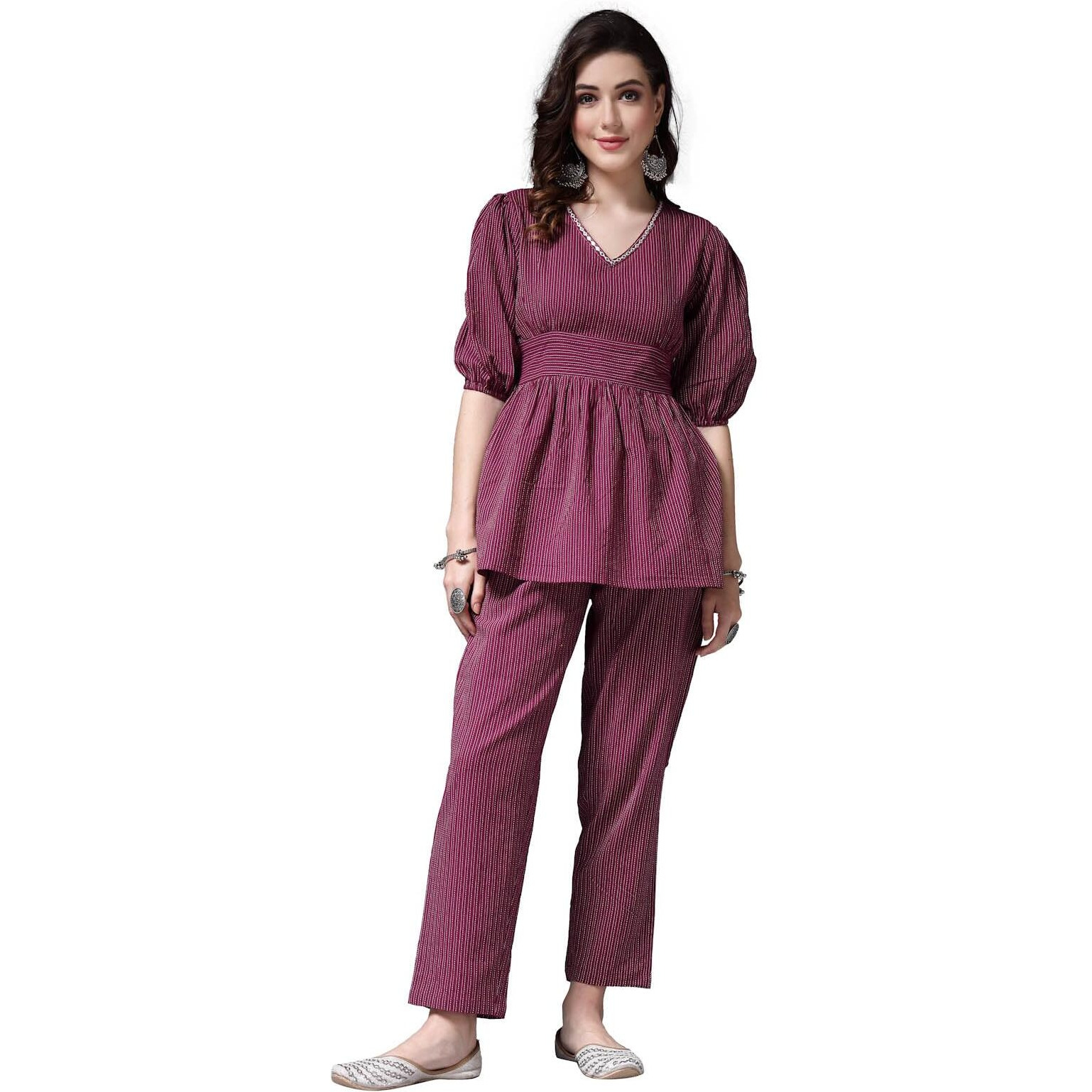 Stylum Women's Self Woven Kantha Cotton Co-Ord Set (WINEKATHACORD38_Wine, M)