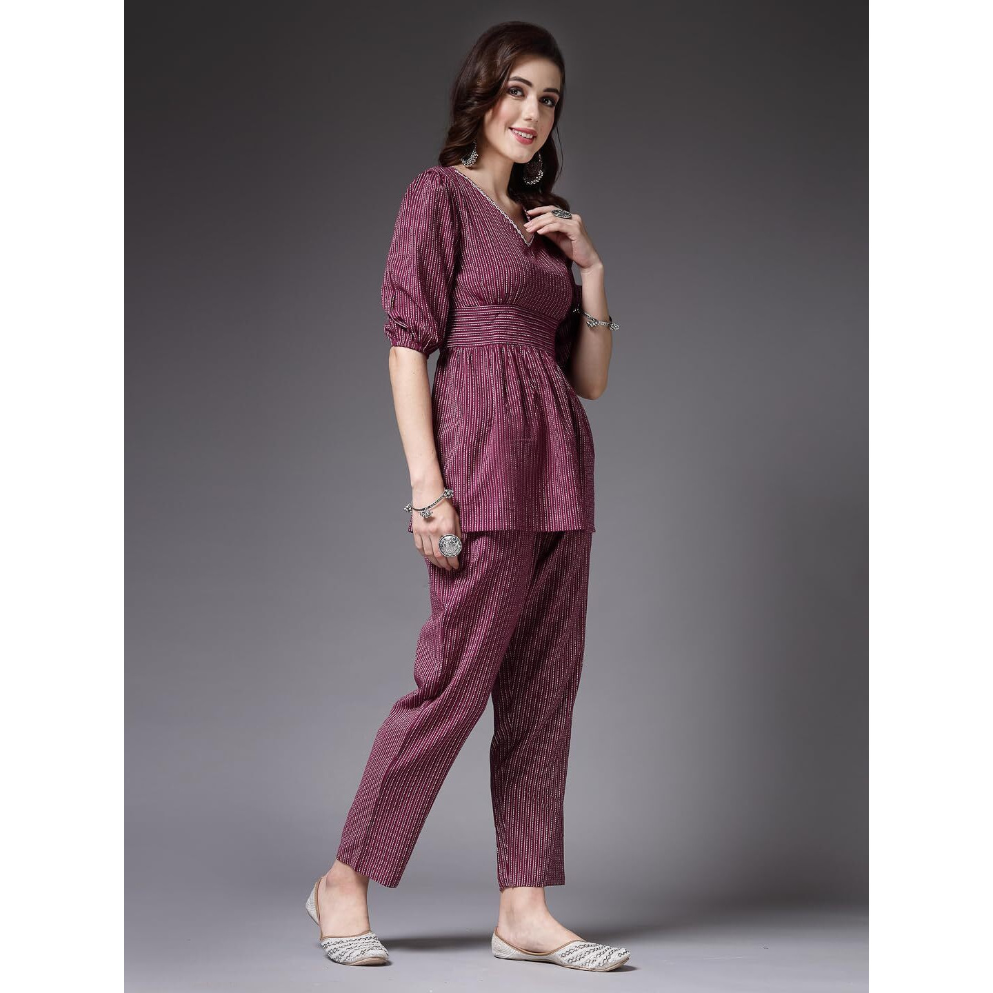 Stylum Women's Self Woven Kantha Cotton Co-Ord Set (WINEKATHACORD38_Wine, M)