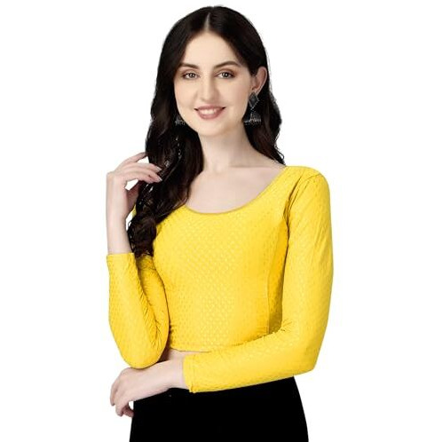 Shiv Textiles Round Neck Dobby Cotton Lycra Stretchable Elbow Sleeve Readymade Saree Blouse for Women Stylish (YellowFree Size Full Sleeve)