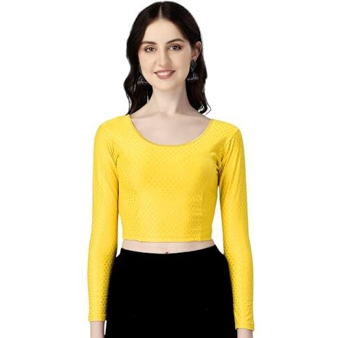 Shiv Textiles Round Neck Dobby Cotton Lycra Stretchable Elbow Sleeve Readymade Saree Blouse for Women Stylish (YellowFree Size Full Sleeve)
