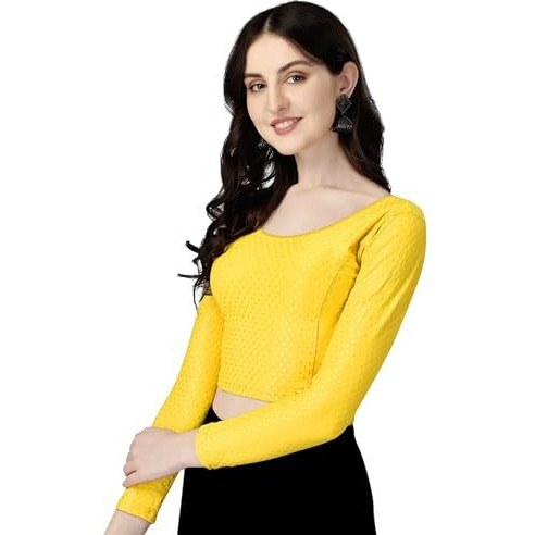 Shiv Textiles Round Neck Dobby Cotton Lycra Stretchable Elbow Sleeve Readymade Saree Blouse for Women Stylish (YellowFree Size Full Sleeve)