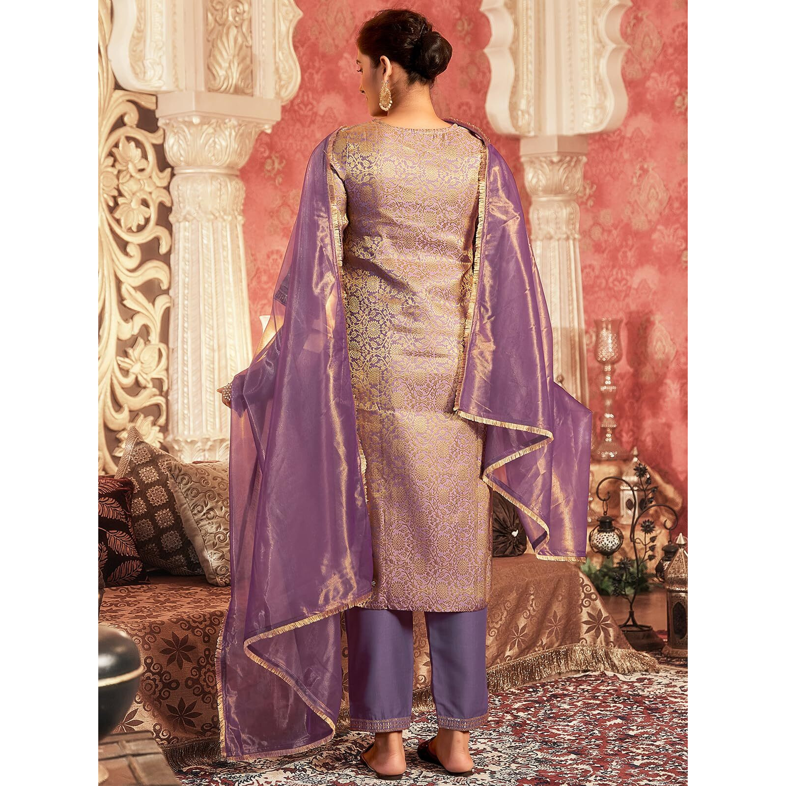 Sanisa Women's Silk Blend Jacquard Work Straight Kurta with Pant and Dupatta Set (187KBD1992N-L_Dusty Purple & Golden)