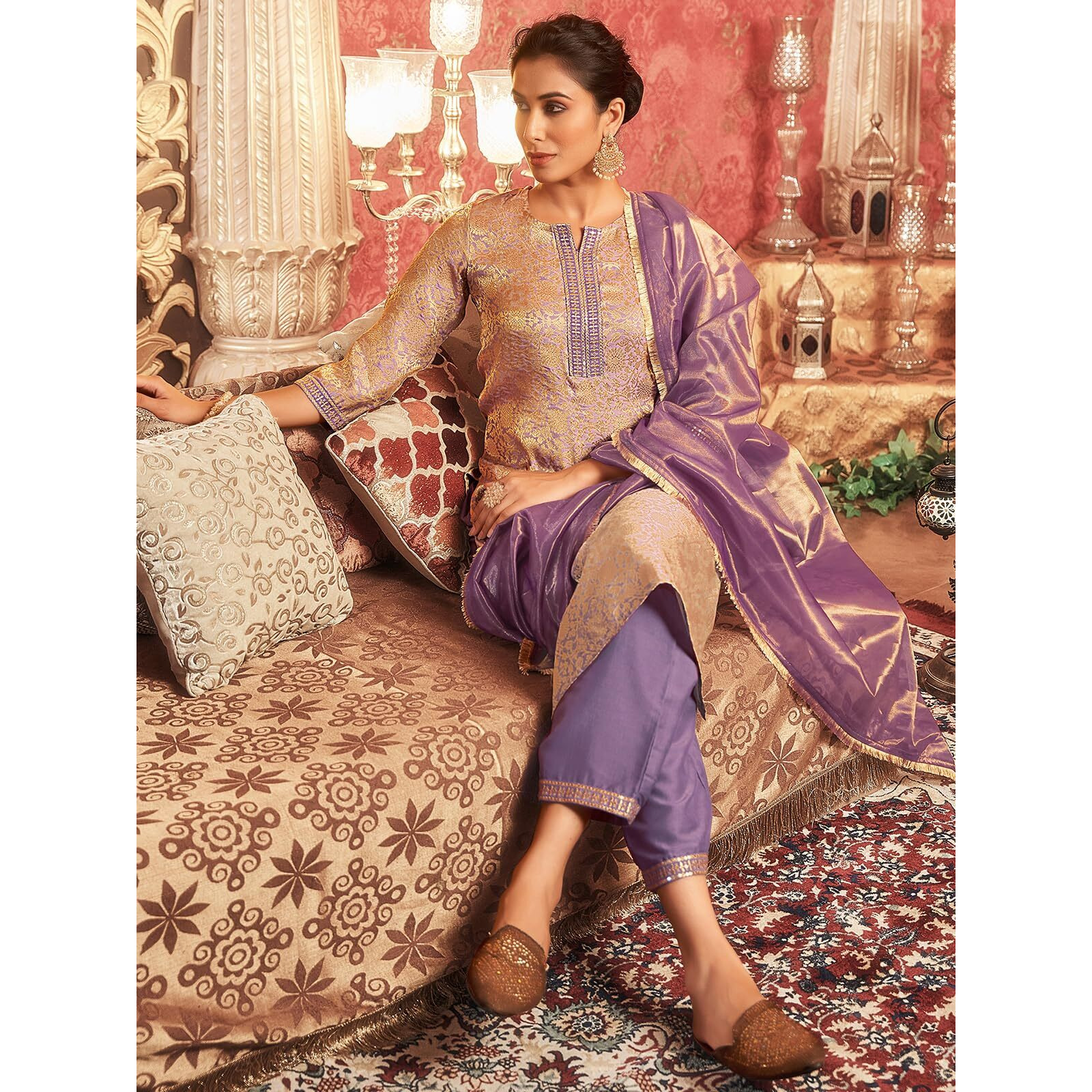 Sanisa Women's Silk Blend Jacquard Work Straight Kurta with Pant and Dupatta Set (187KBD1992N-L_Dusty Purple & Golden)
