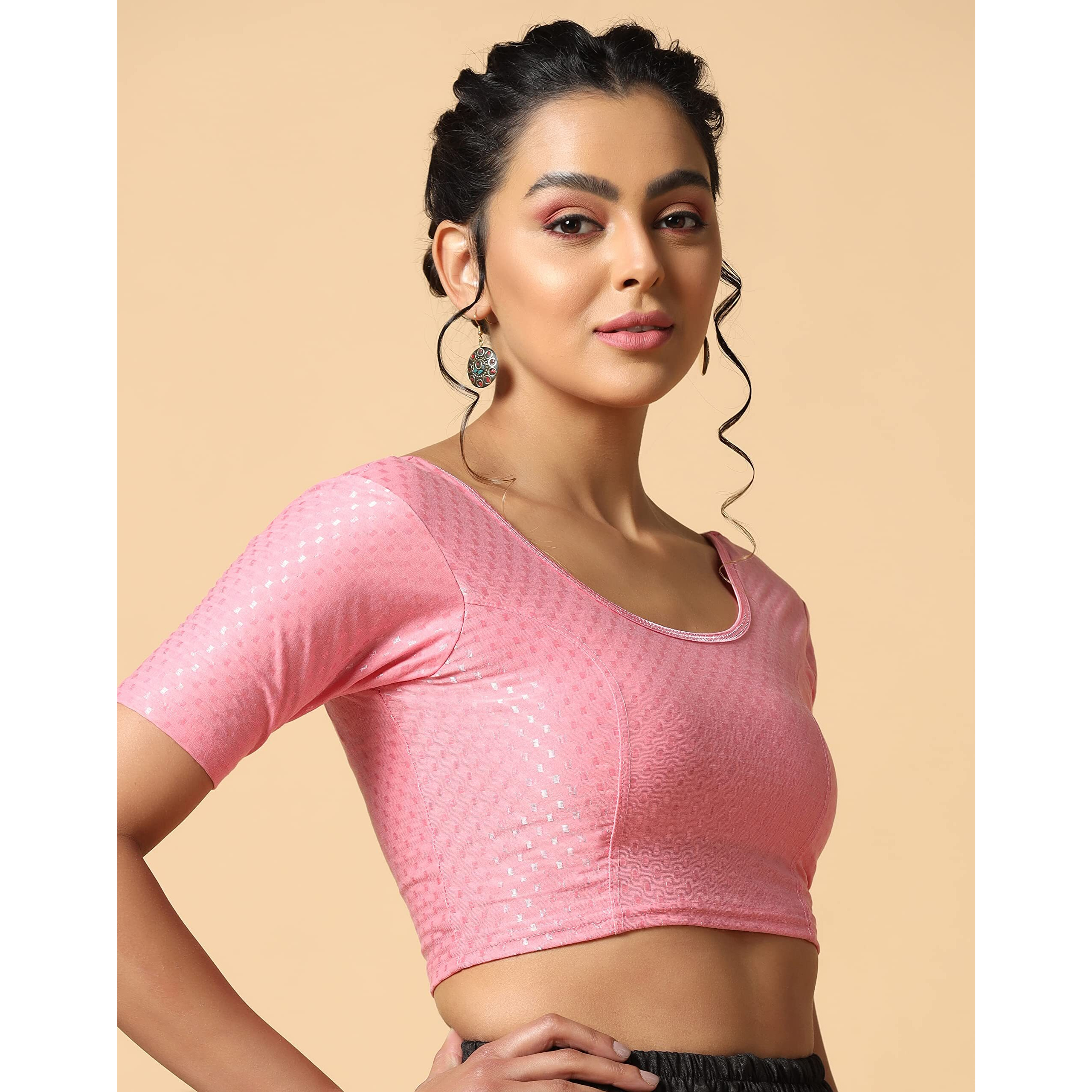 TOPLOT Cotton Blend Lycra Stretchable Round Neck Blouses for Women Readymade (Blouse-5058-Baby Pink-36)