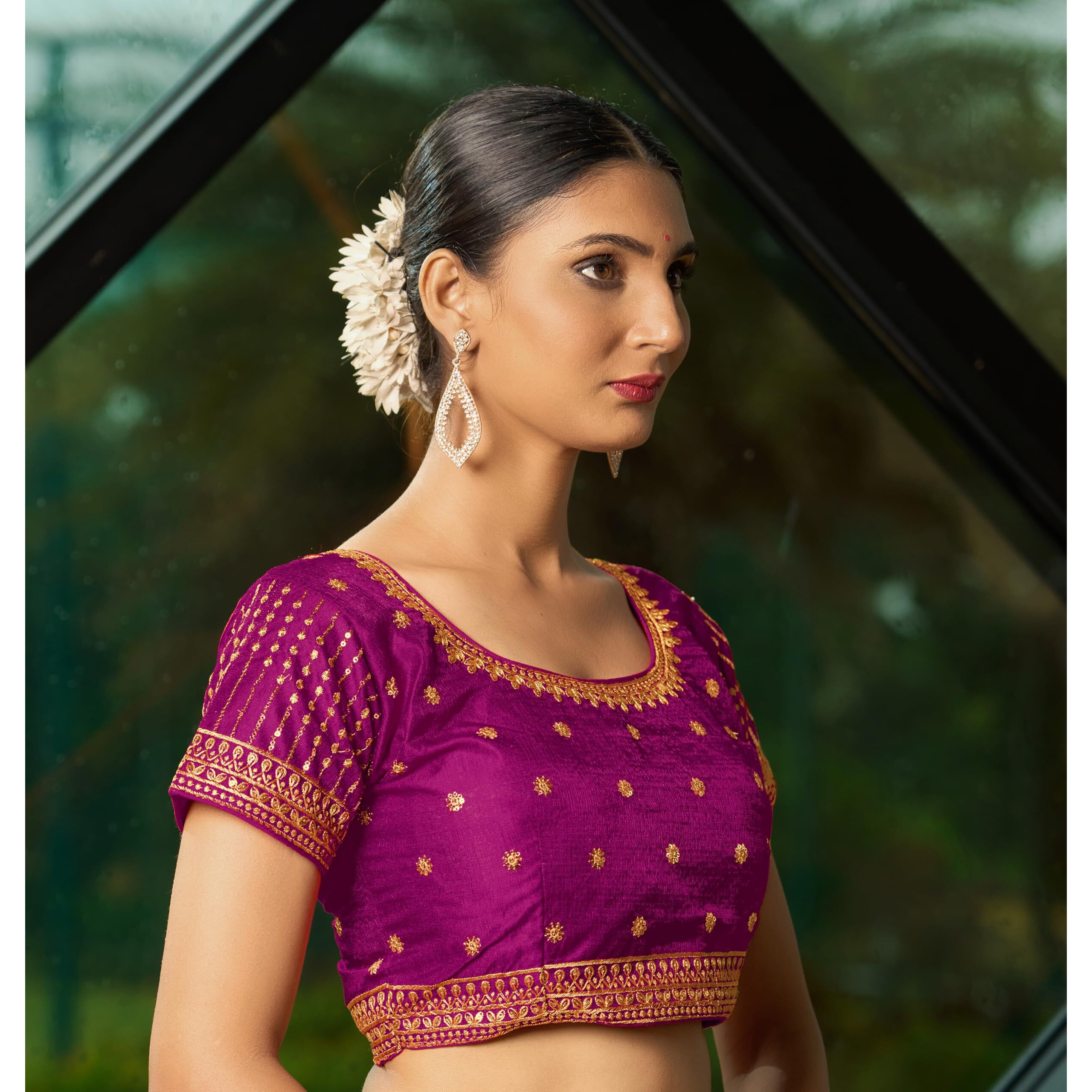 Pujia Mills Women's Wine Readymade Blouse Embroidery Multi Coding Gold Thread Indian Ethnic Designer Blouse Stitched Women's Readymade Short Sleeve Saree Blouse for Women for Saree Lehenga Choli